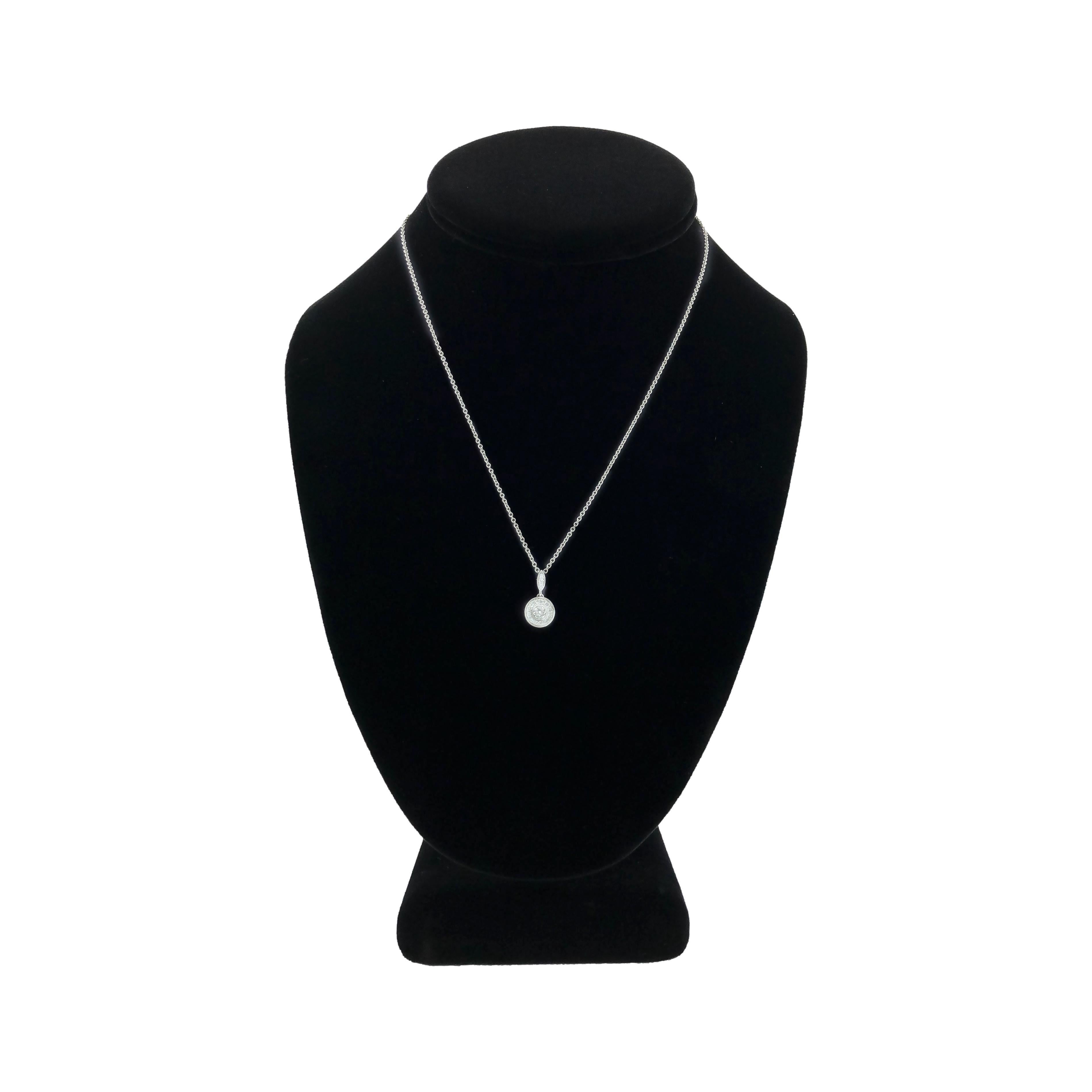 Modern MillGrain Circle Bezel Halo 18k White Gold Diamond .39Cts Total Pendant Necklace For Sale