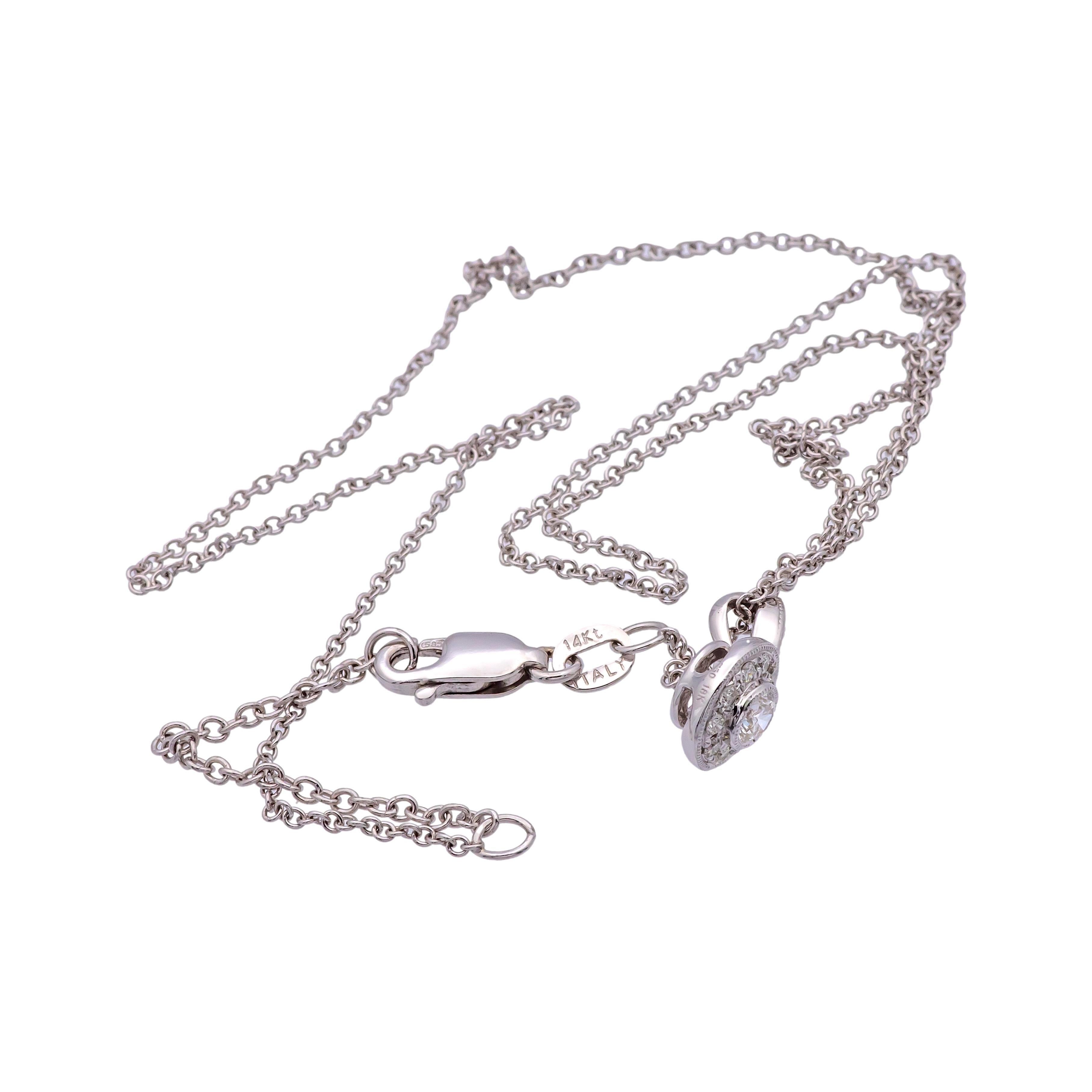 Round Cut MillGrain Circle Bezel Halo 18k White Gold Diamond .39Cts Total Pendant Necklace For Sale