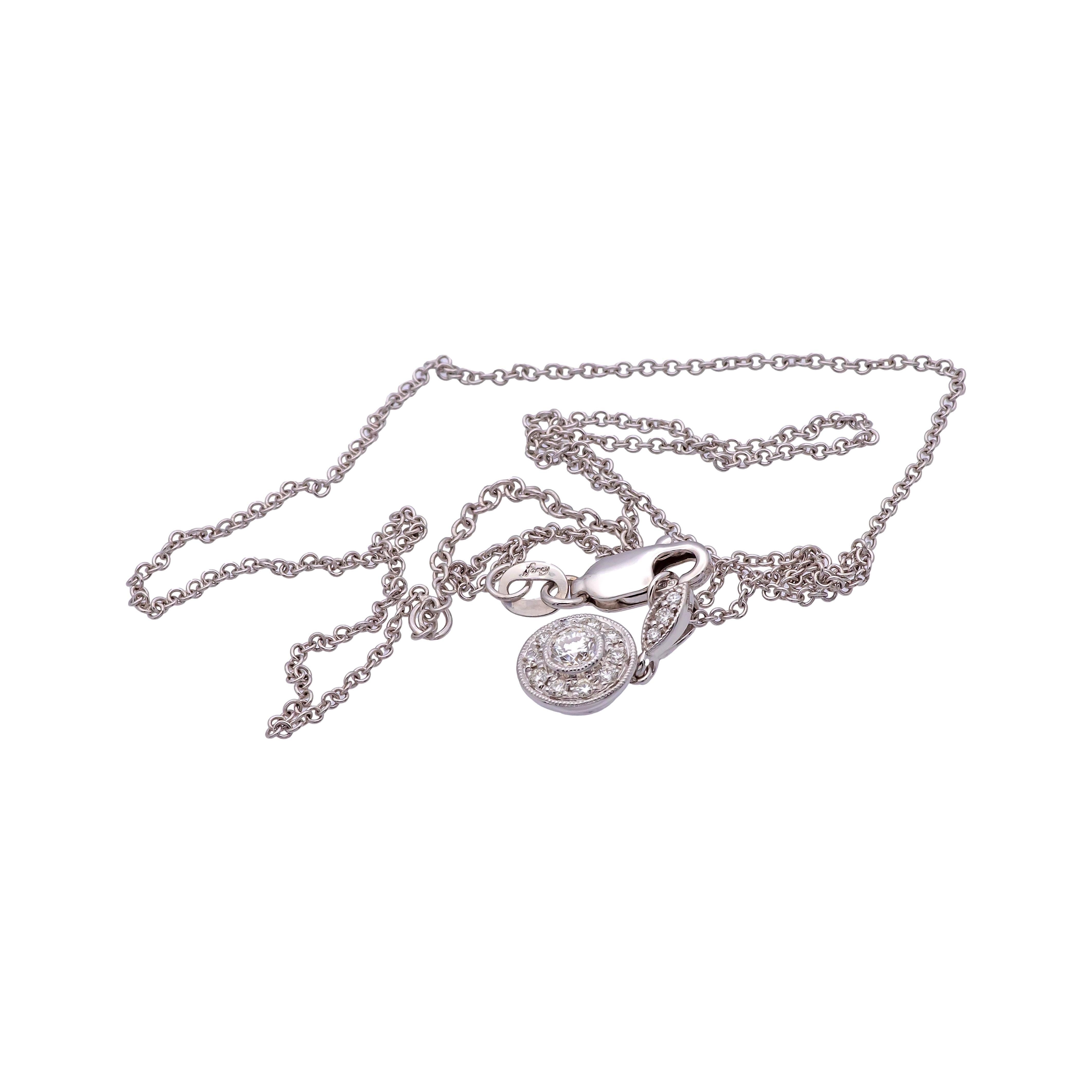 MillGrain Circle Bezel Halo 18k White Gold Diamond .39Cts Total Pendant Necklace In Excellent Condition For Sale In New York, NY