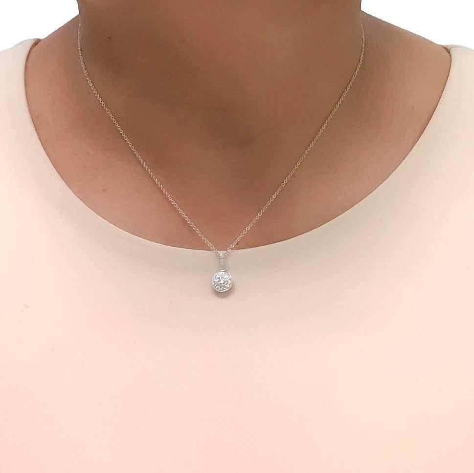 MillGrain Circle Bezel Halo 18k White Gold Diamond .39Cts Total Pendant Necklace For Sale 2