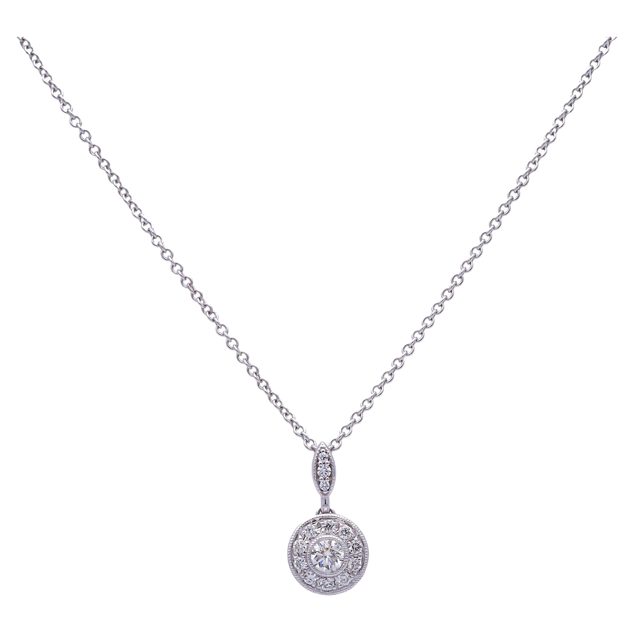 MillGrain Circle Bezel Halo 18k White Gold Diamond .39Cts Total Pendant Necklace For Sale