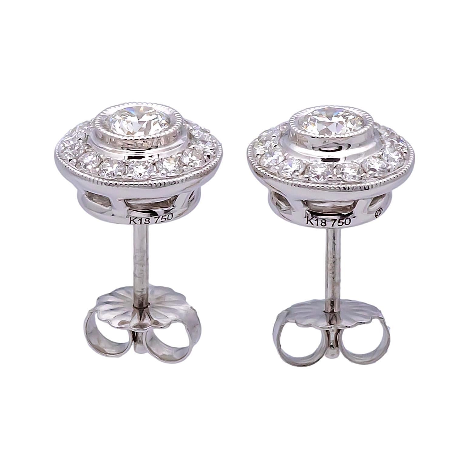 Round Cut Millgrain Circle Halo Bezel 18K Gold .96ct Total Diamond Weight Stud Earrings For Sale