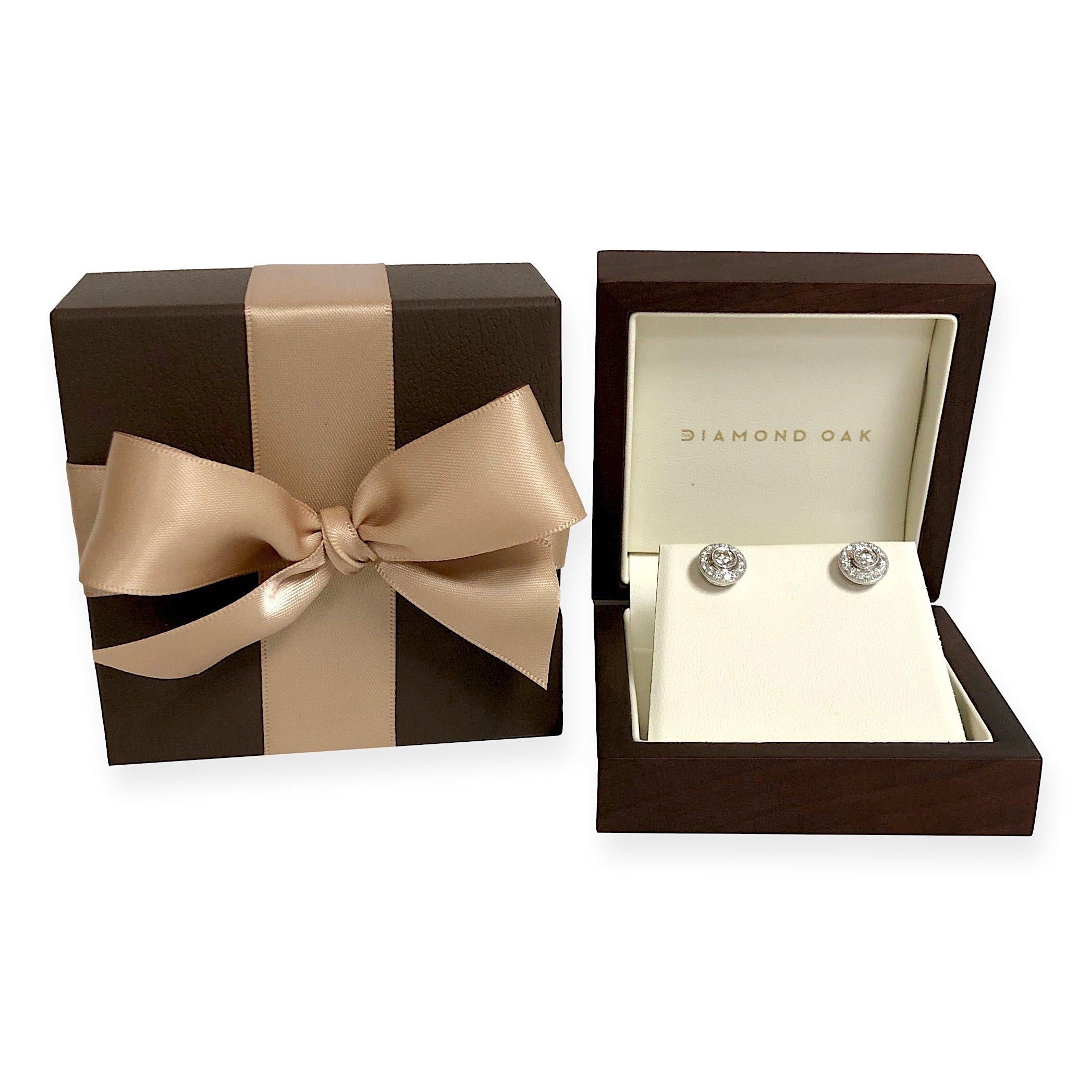 Millgrain Circle Halo Bezel 18K Gold .96ct Total Diamond Weight Stud Earrings For Sale 1