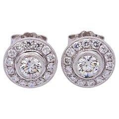 Millgrain Circle Halo Bezel 18K Gold .96ct Total Diamond Weight Stud Earrings