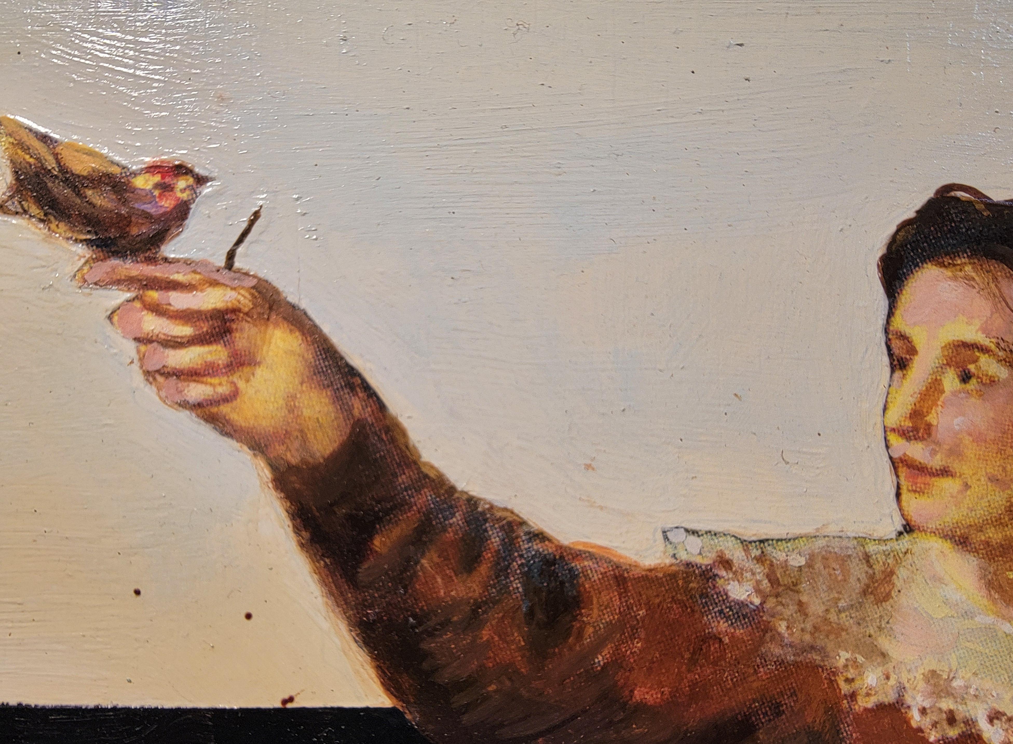 Millicent Tomkins Surreal Mixed Media Painting Figur mit Vögeln (20. Jahrhundert) im Angebot