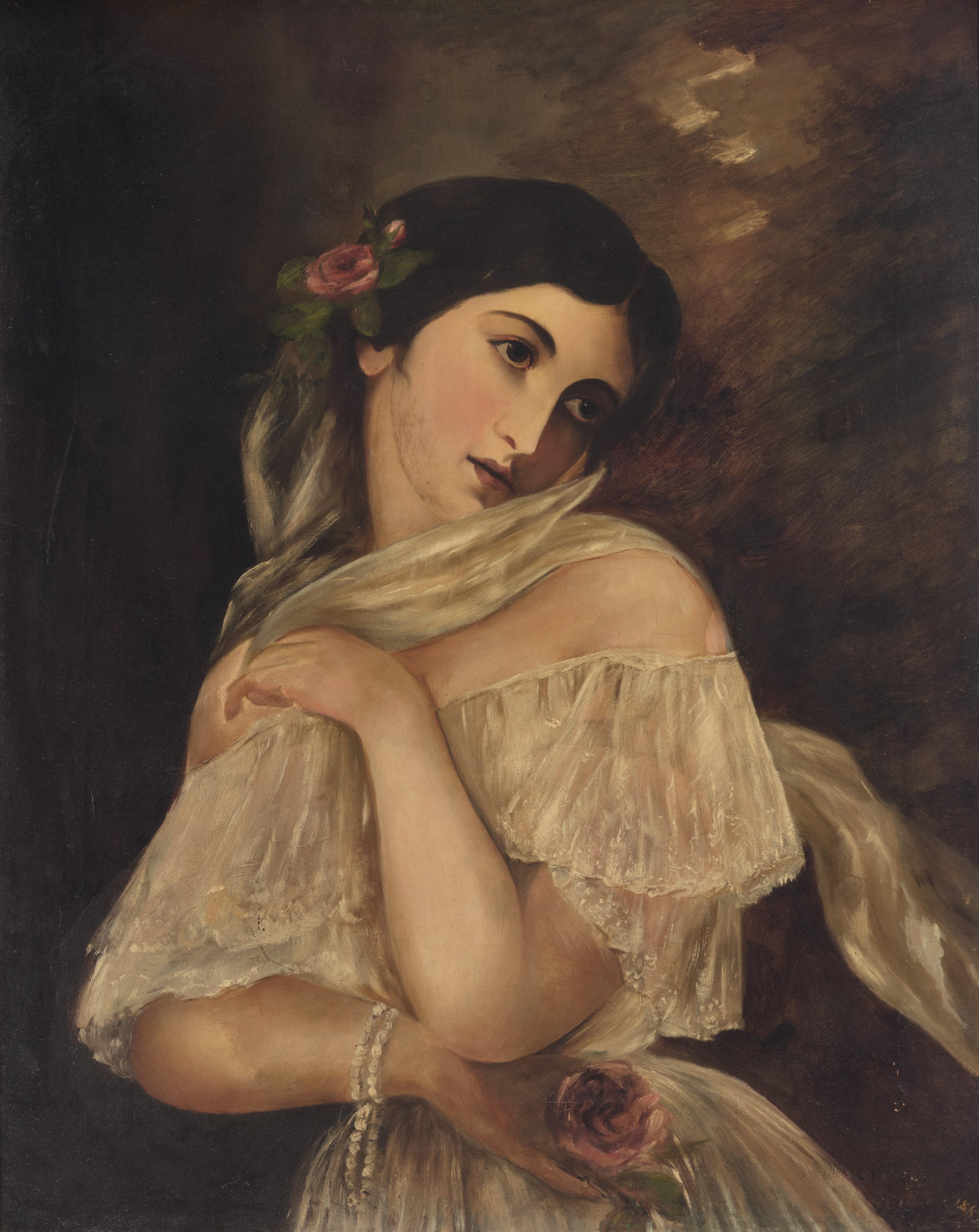 Female Oil Portrait Delicate Austria Romantic 1800s Vintage Woman Realism Signed - Painting by Millie Eva Wehn Baldwin