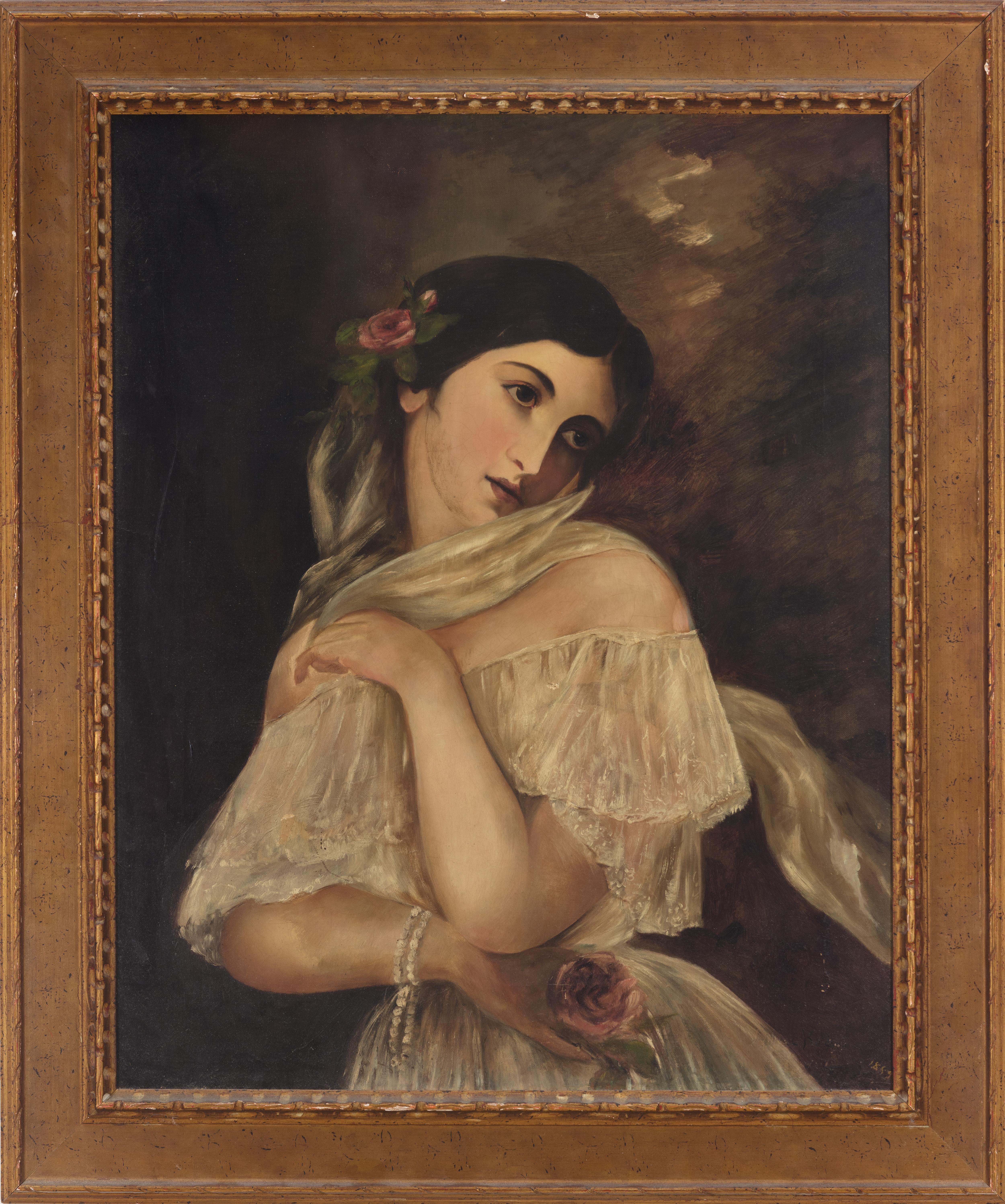 Portrait féminin délicat autrichien romantique vintage des années 1800, réalisme, signé