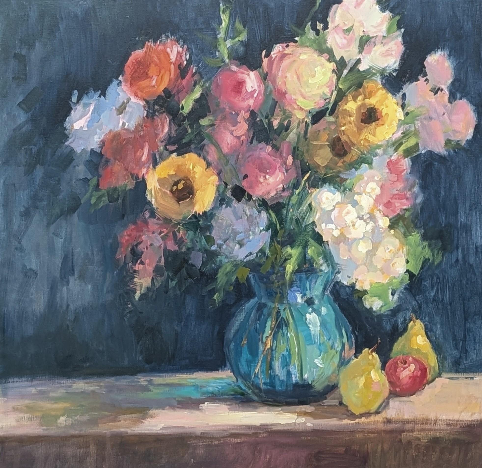 Sin enmarcar, esta obra mide 40 x 40.

Un jarrón para ti de Millie Gosch es un llamativo óleo sobre lienzo de 40 x 40 pulgadas que celebra las flores con atrevida elegancia y encanto pictórico. Realizada con trazos sueltos y expresivos, esta pieza