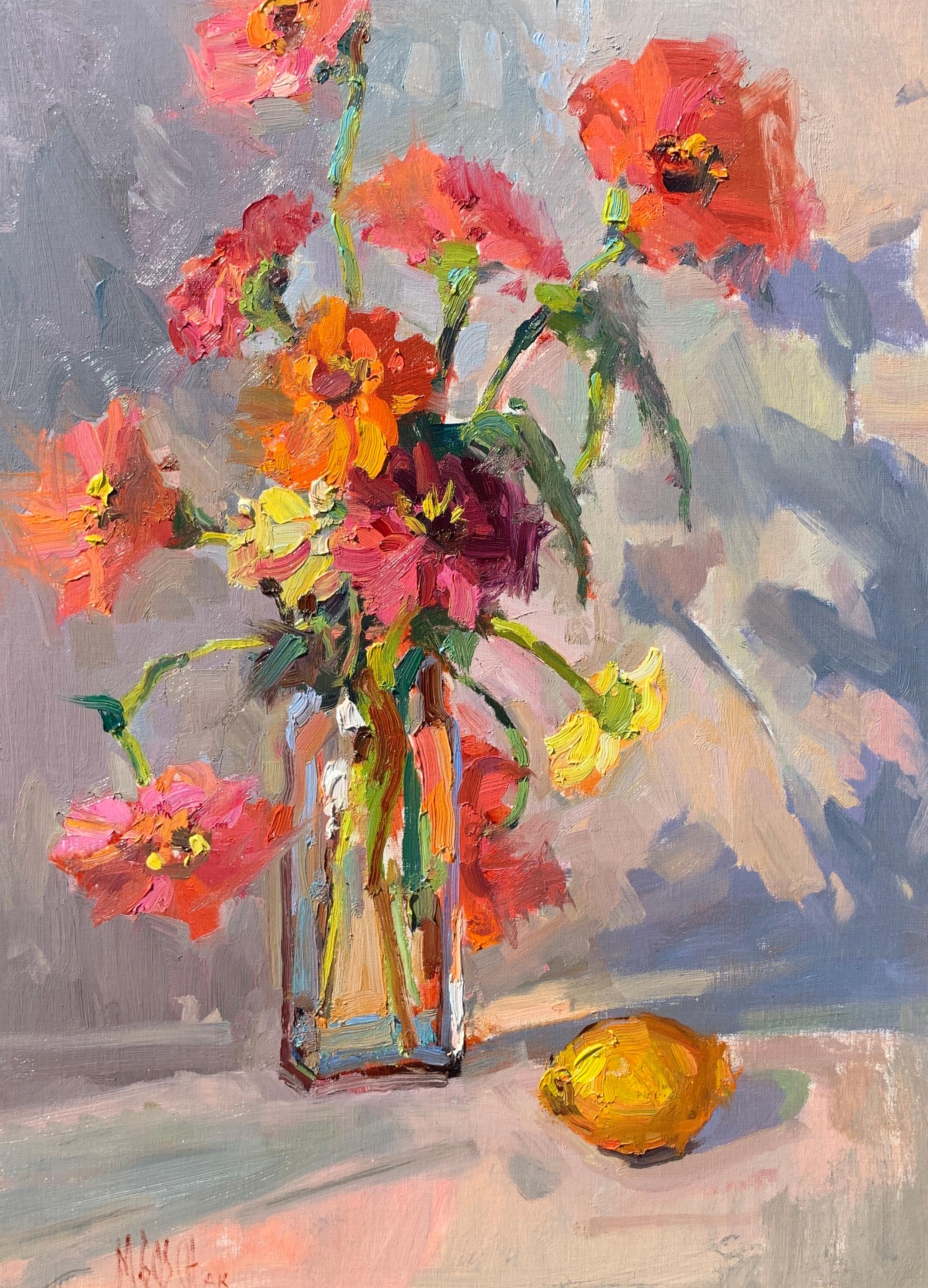 'And a Lemon' is an Impressionist framed oil on board still-life painting created by American artist Millie Gosch in 2019. Featuring a palette made of red, orange, yellow, purple and grey tones among others, this still-life painting depicts a