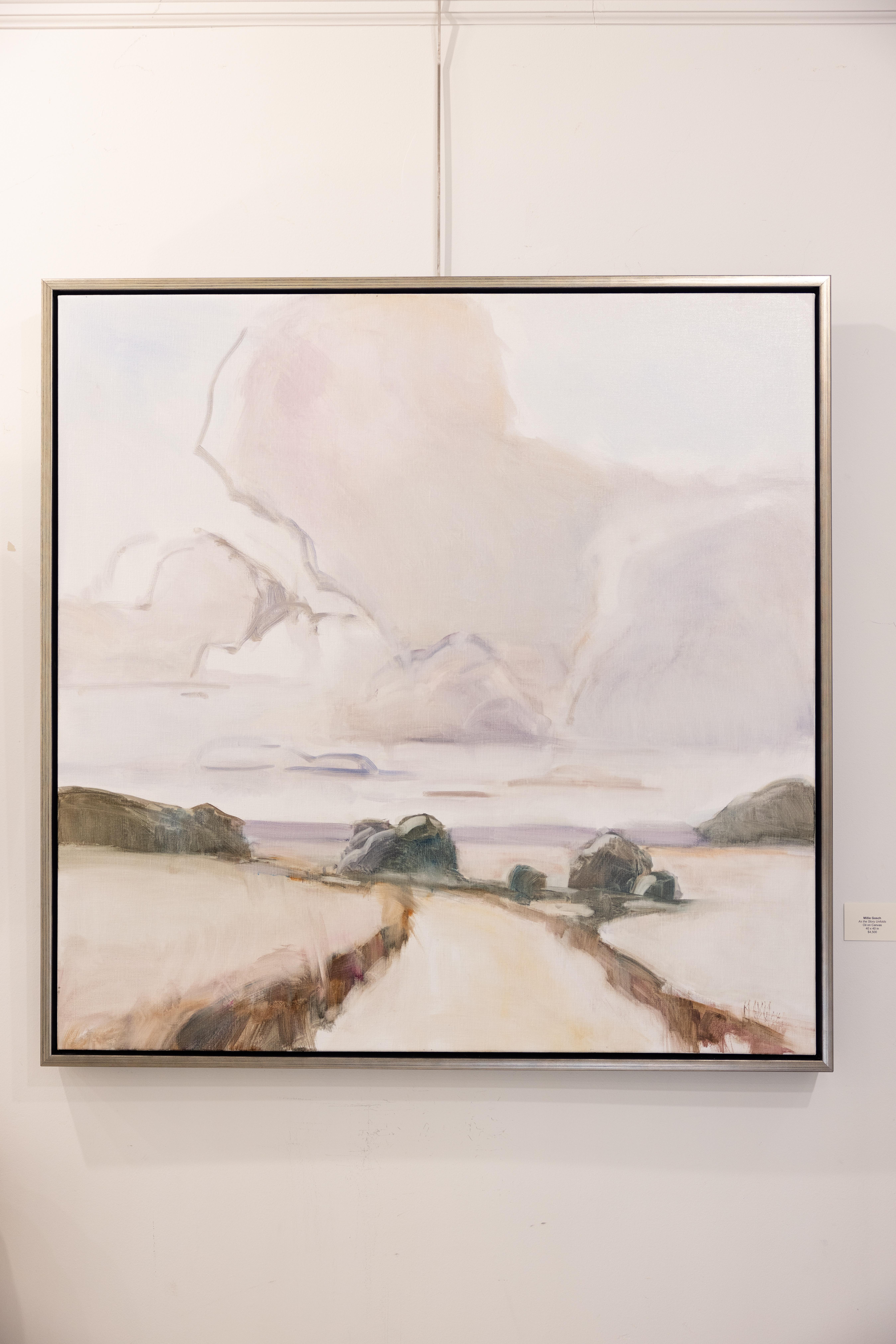 Wie sich die Geschichte entfaltet von Millie Gosch Quadratische impressionistische gerahmte Landschaft im Angebot 2