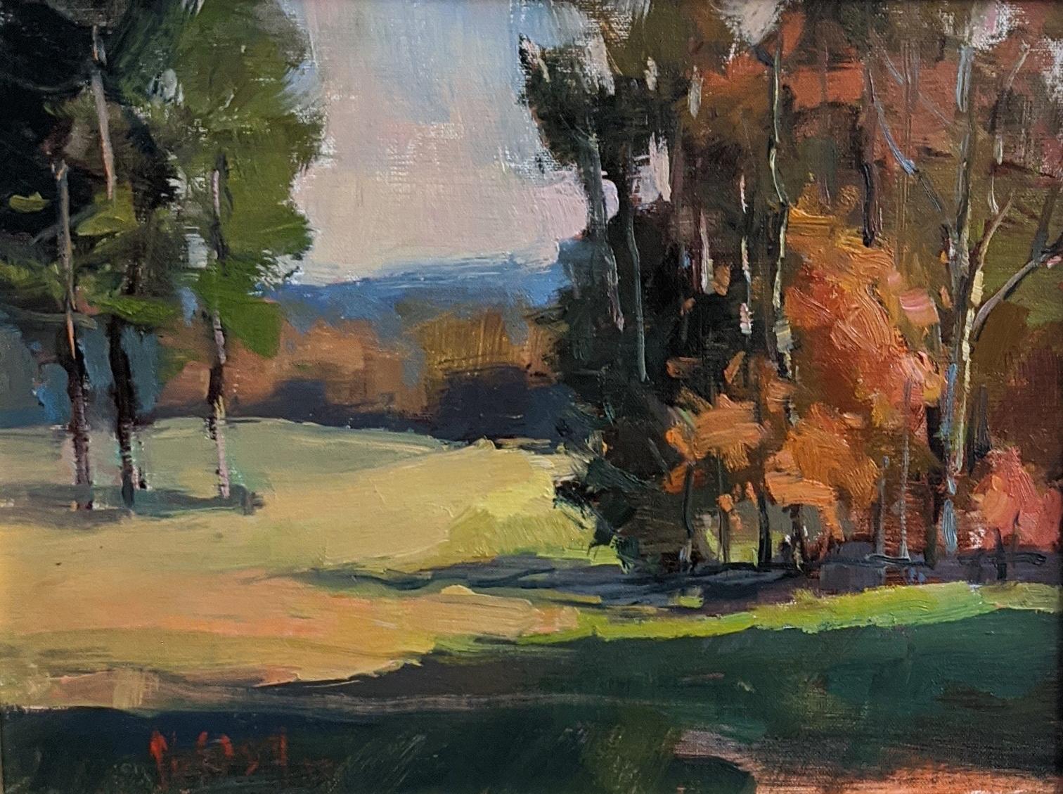'Back and Forth' is a framed Impressionist oil on canvas plein-air landscape painting created by American artist Millie Gosch in 2020. Featuring a palette mostly made of green, brown, pink, purple, orange and blue tones, the painting depicts a dirt