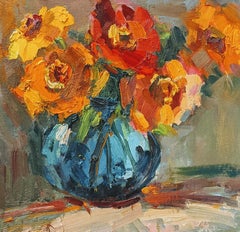 Blue Vase by Millie Gosch, Small Framed Oil on Board Still-Life Painting