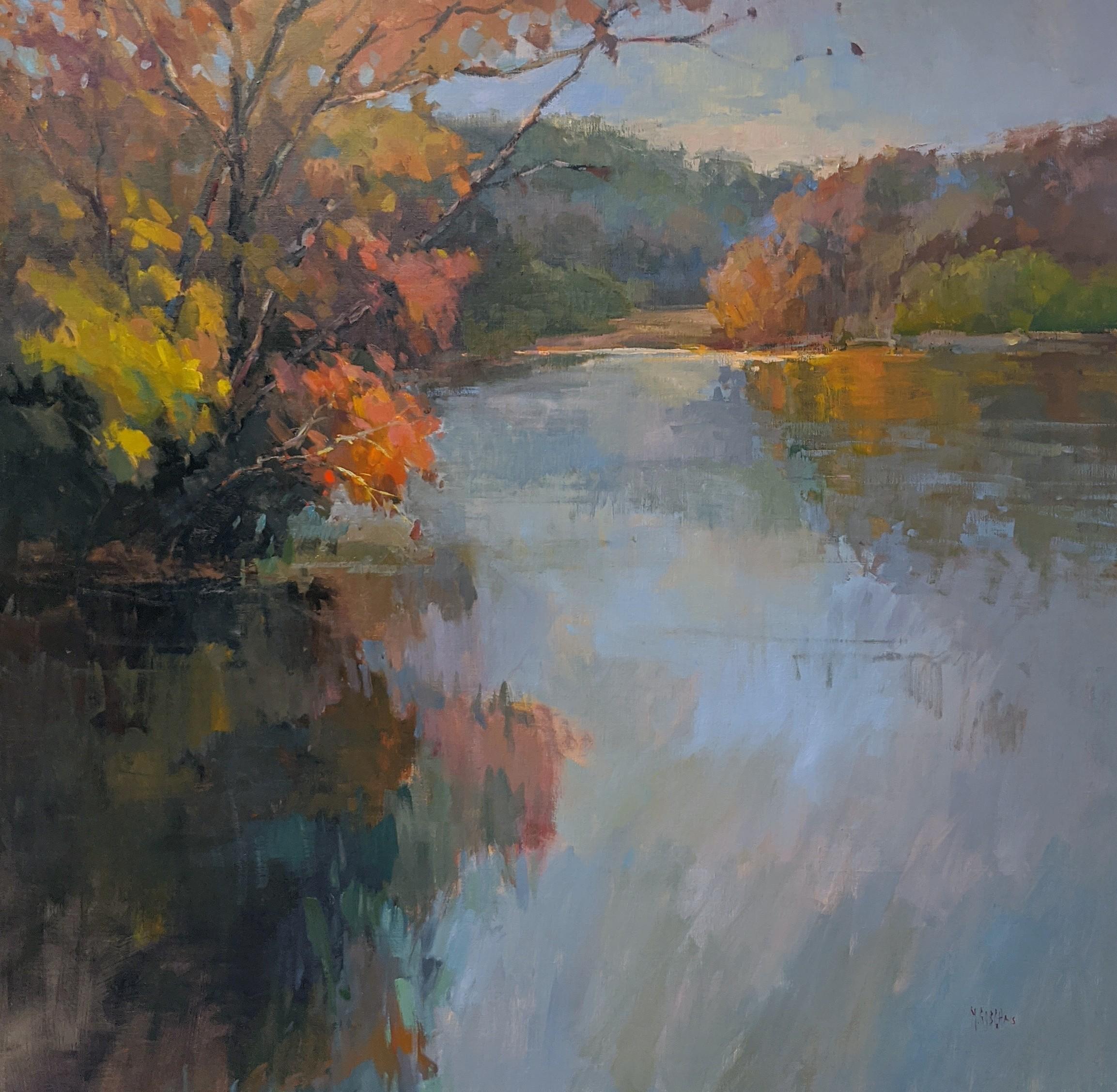 'Chattahoochee view' is a large framed Impressionist oil on canvas plein-air landscape painting of square format created by American artist Millie Gosch in 2020. Featuring a palette mostly made of orange, blue, and purple tones, the painting depicts