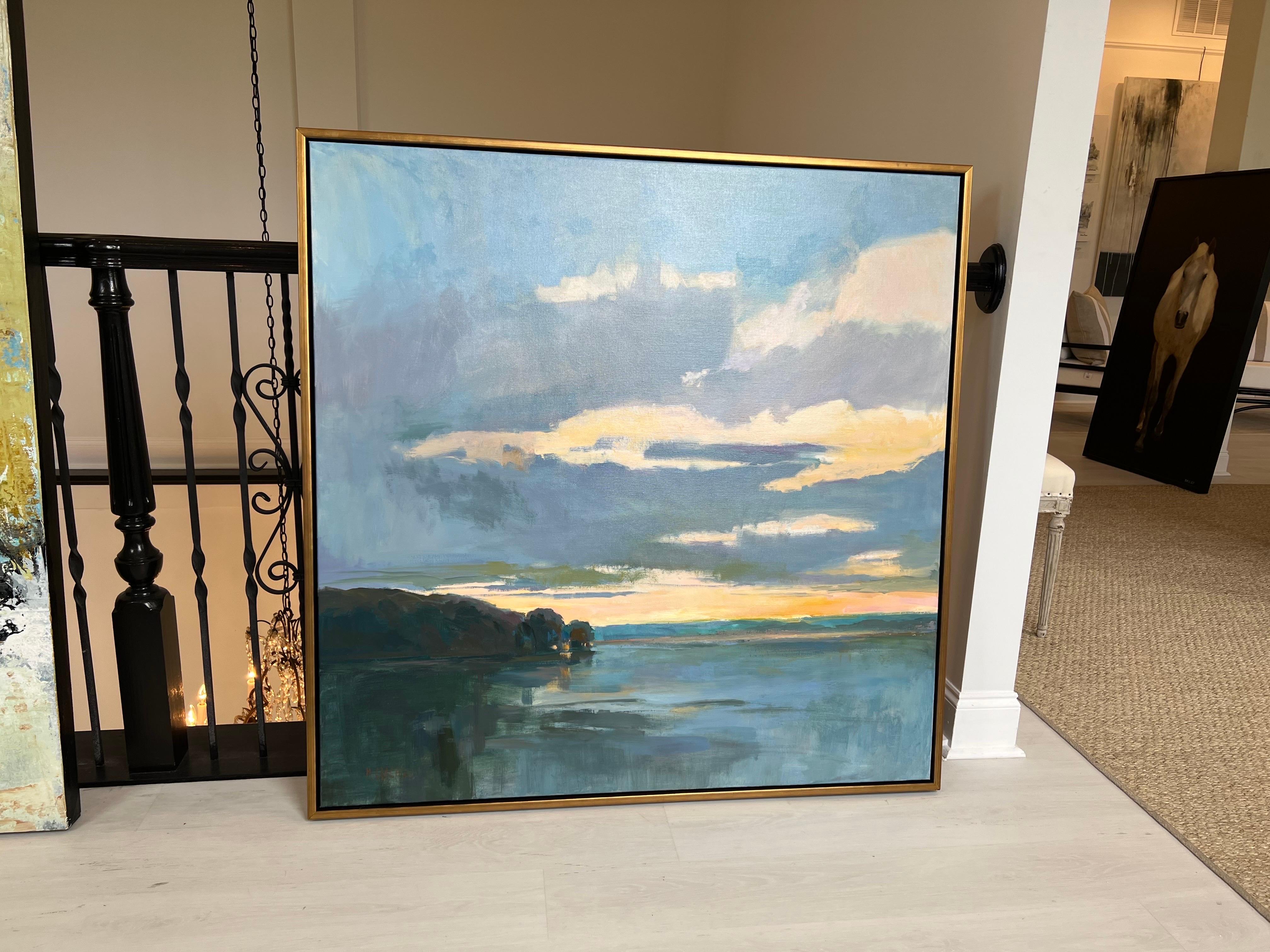 'Coastal Sunset' is a framed Impressionist plein air landscape painting created by American artist Millie Gosch in 2022. Featuring a rich palette mostly made of blue, green, pink and orange tones, this oil on canvas painting.  Framed inside an
