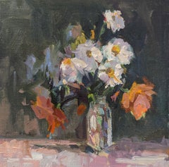Dahlia und Zitronen von Millie Gosch, gerahmte Blumen, Öl-Stilllebengemälde