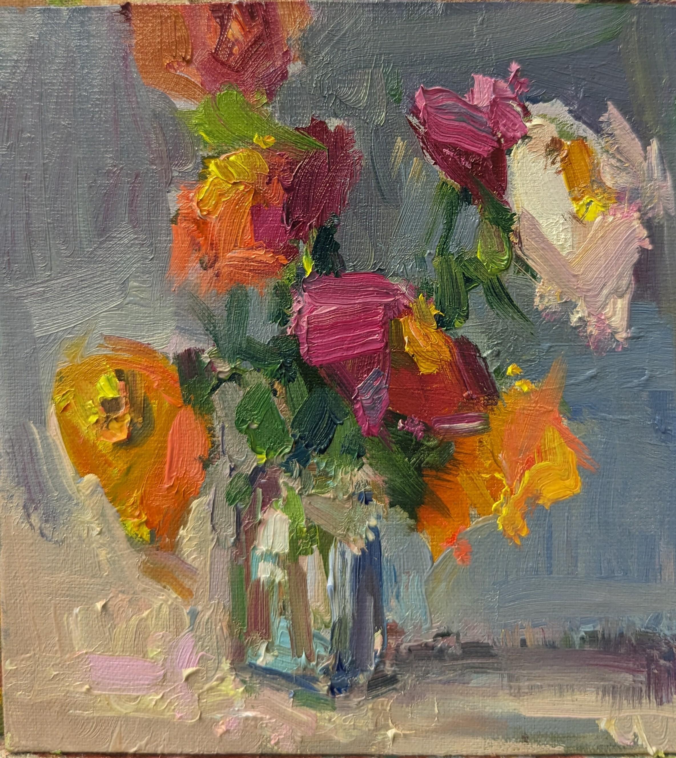 Sin enmarcar, esta pieza mide 6 x 6

Presentamos "Zinnias bailarinas", de Millie Gosch, un impresionante cuadro pequeño enmarcado al óleo sobre panel de lino. Esta cautivadora pieza muestra siete vibrantes zinnias en un jarrón, hábilmente pintadas