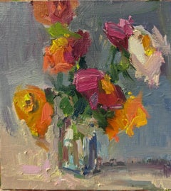 Dancing Zinnias by Millie Gosch, Framed Flowers Oil Still-Life Painting