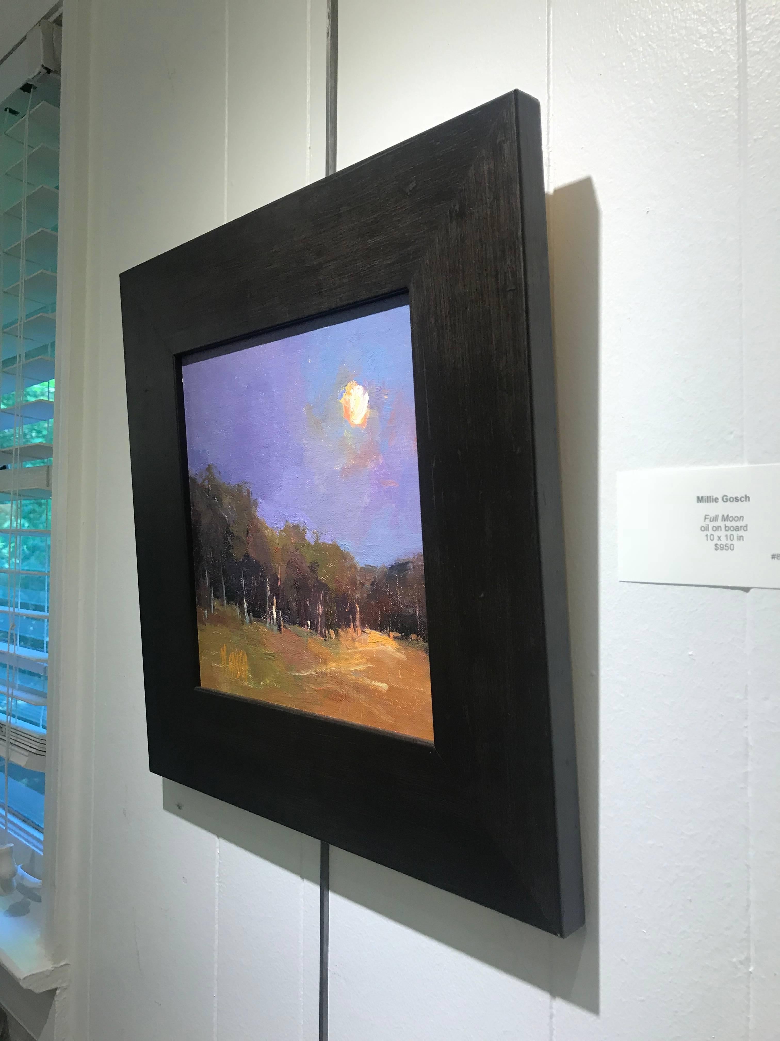 'Full Moon' is a framed Impressionist plein-air landscape painting created by American artist Milly Gosch in 2018. This square format oil on board piece features a forest lit up by the magnificent presence of a full moon depicted on the right side