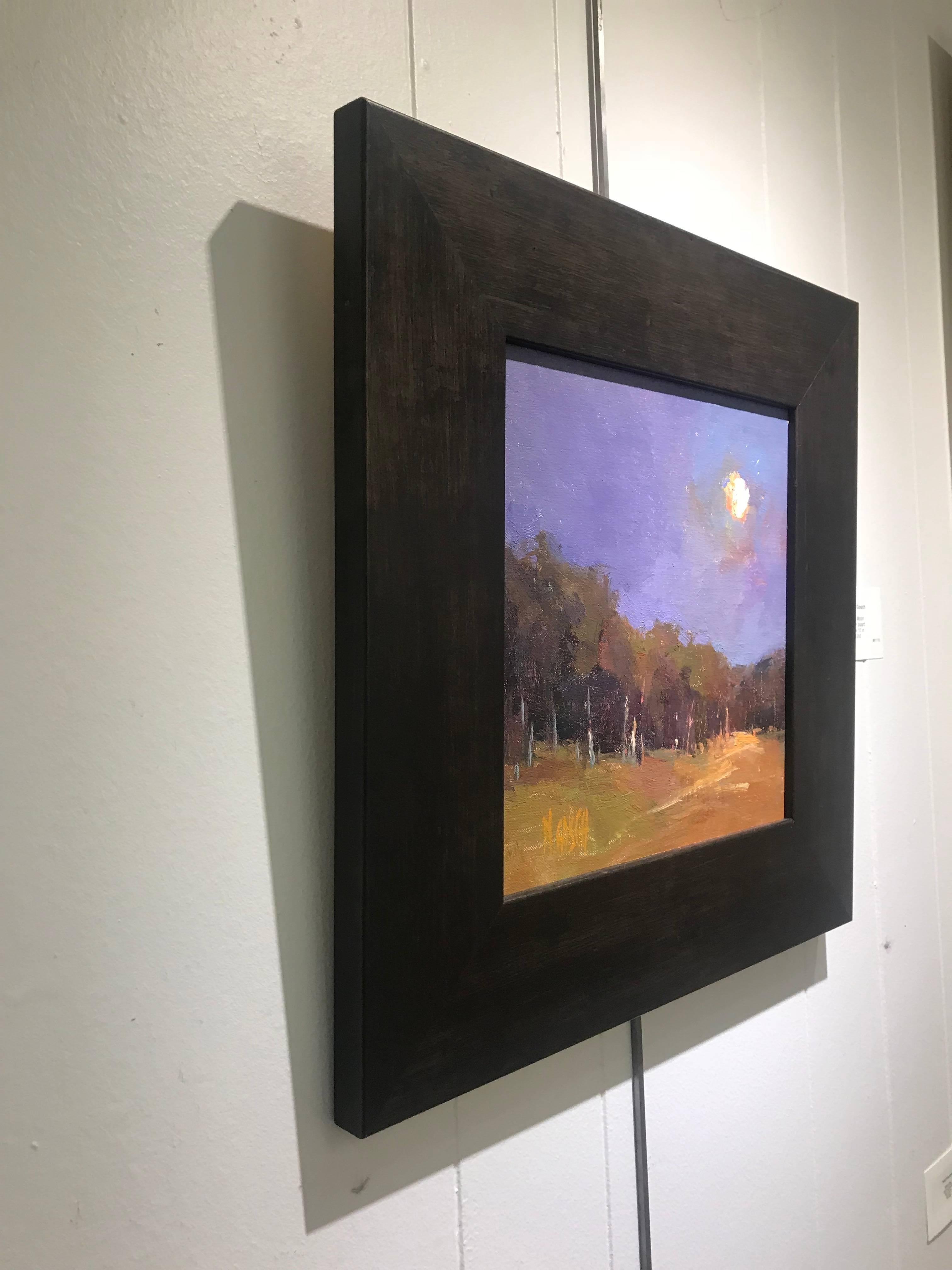 Full Moon, Square Framed Impressionist Plein Air Landscape Oil on Board Painting 1