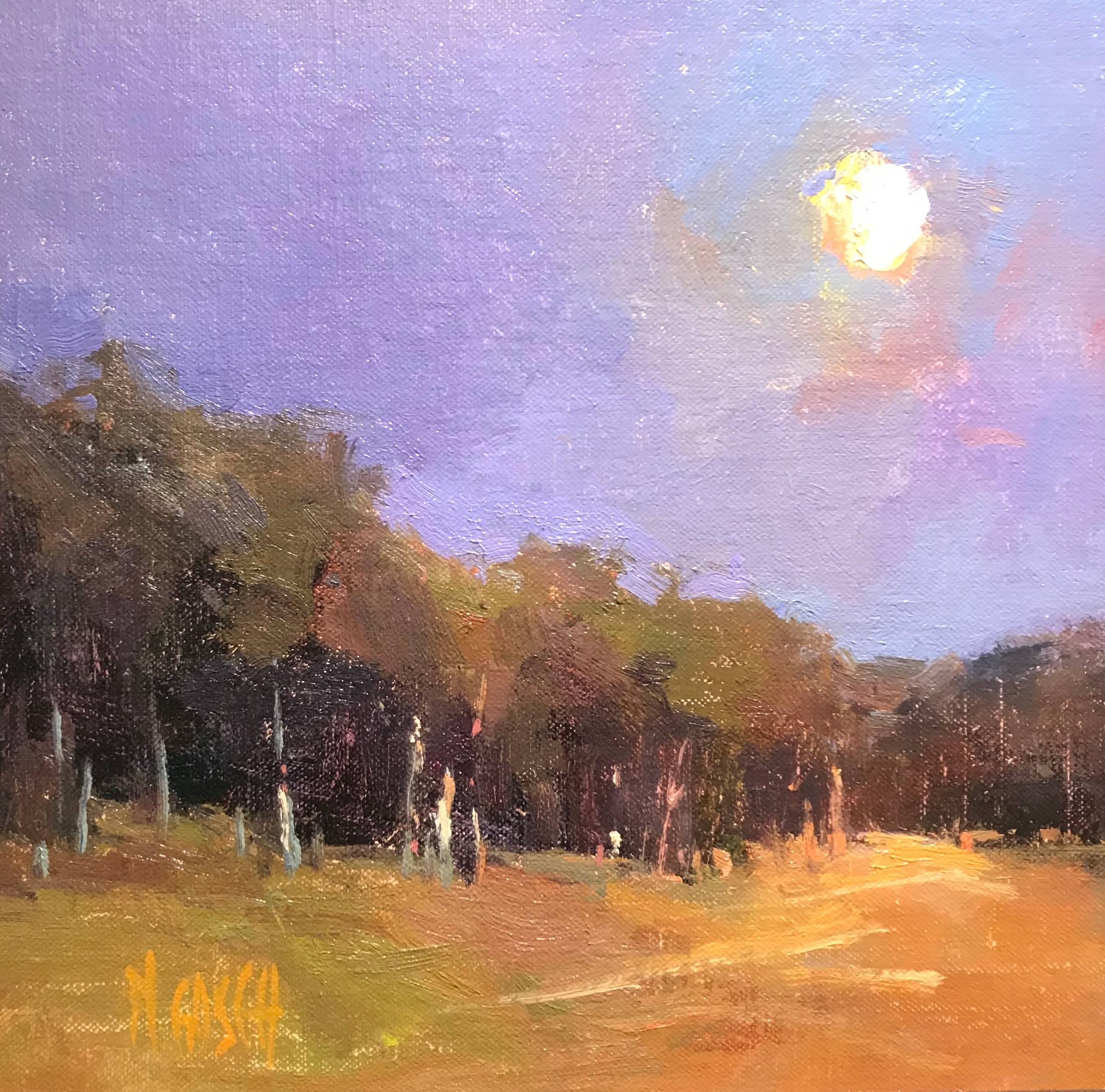Millie Gosch Landscape Painting - Full Moon, Square Framed Impressionist Plein Air Landscape Oil on Board Painting