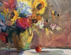 Just Picked by Millie Gosch, peinture à l'huile de nature morte Vase de fleurs encadré