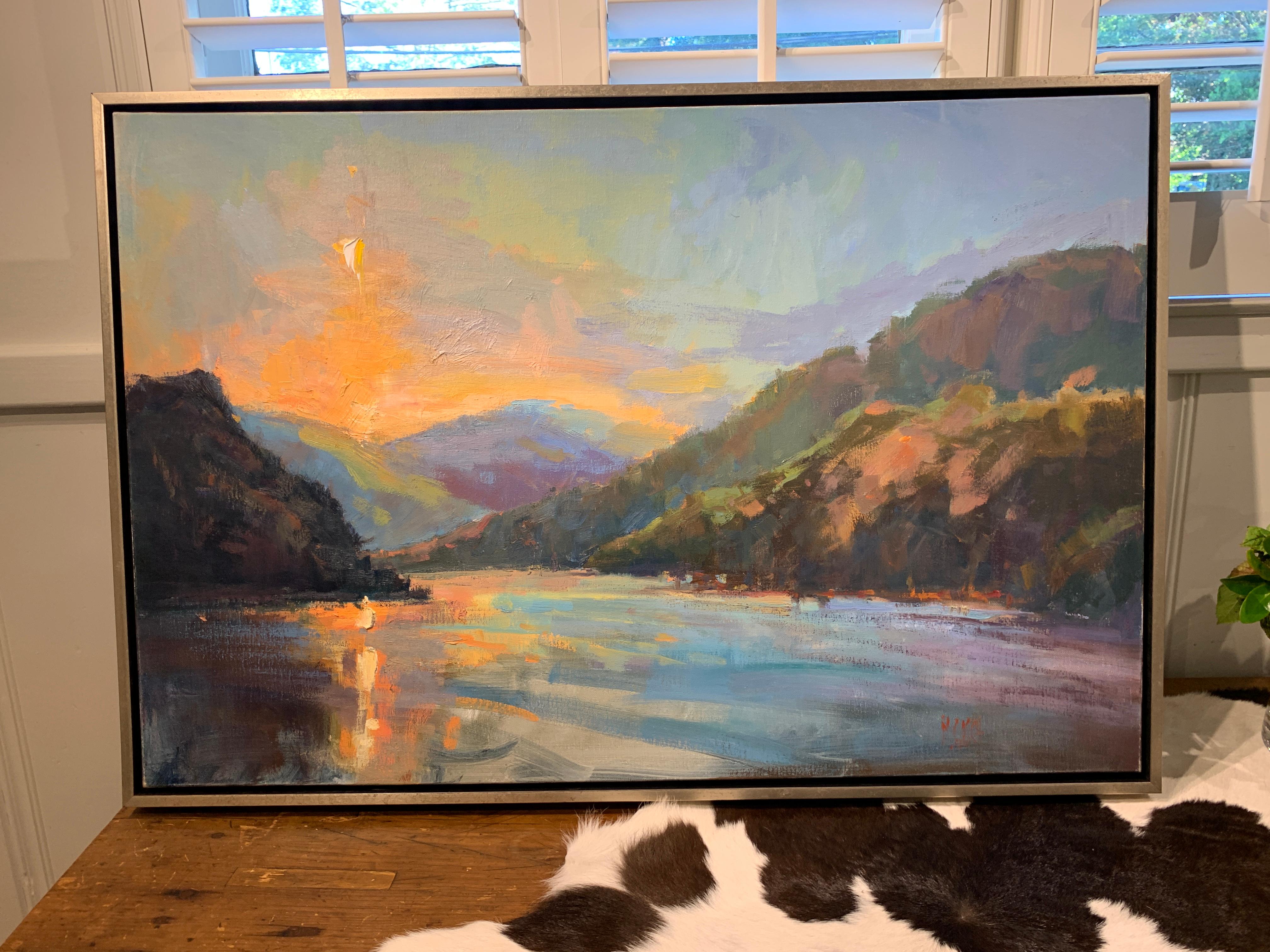 Lakeside Sundown by Millie Gosch,  Framed Impressionist Oil on Canvas Painting 2