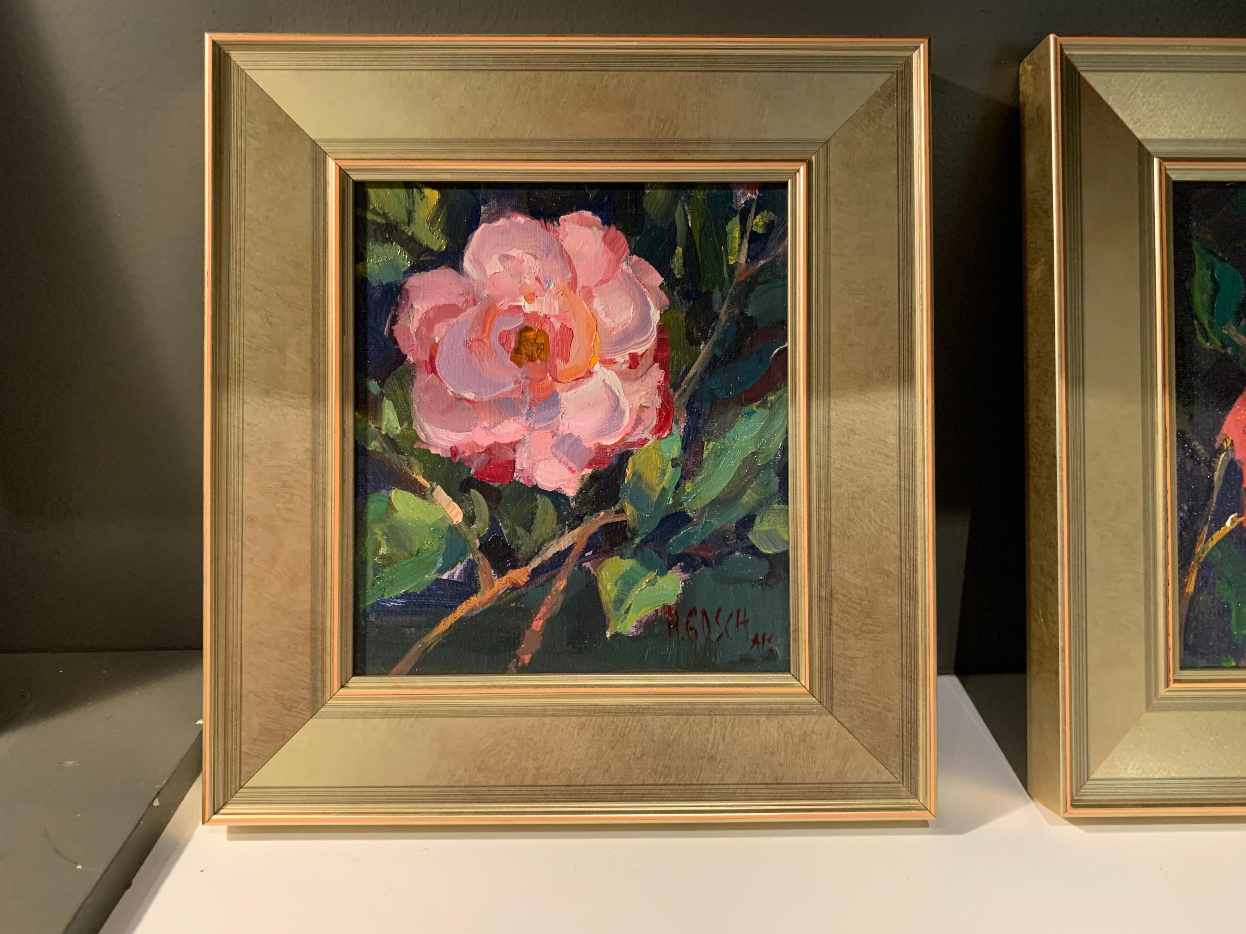 'Southern Serenade' is a small framed Impressionist oil on board still-life painting created by American artist Millie Gosch in 2020. Featuring a palette made of pink, green and blue tones among others, this still-life painting depicts a bouquet of