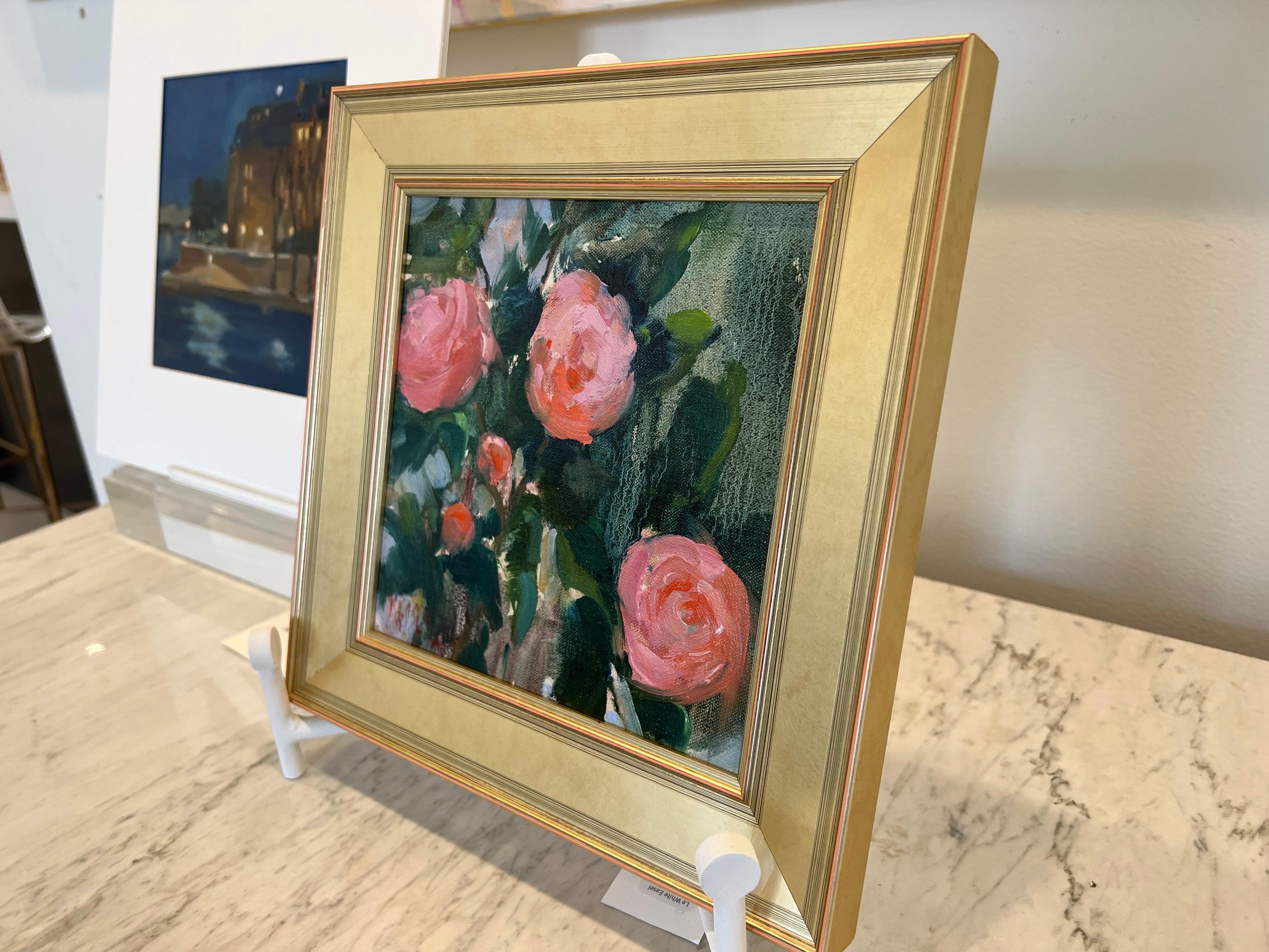 Pink Camellias by Millie Gosch, Small Square Framed Oil Still-Life Painting 1