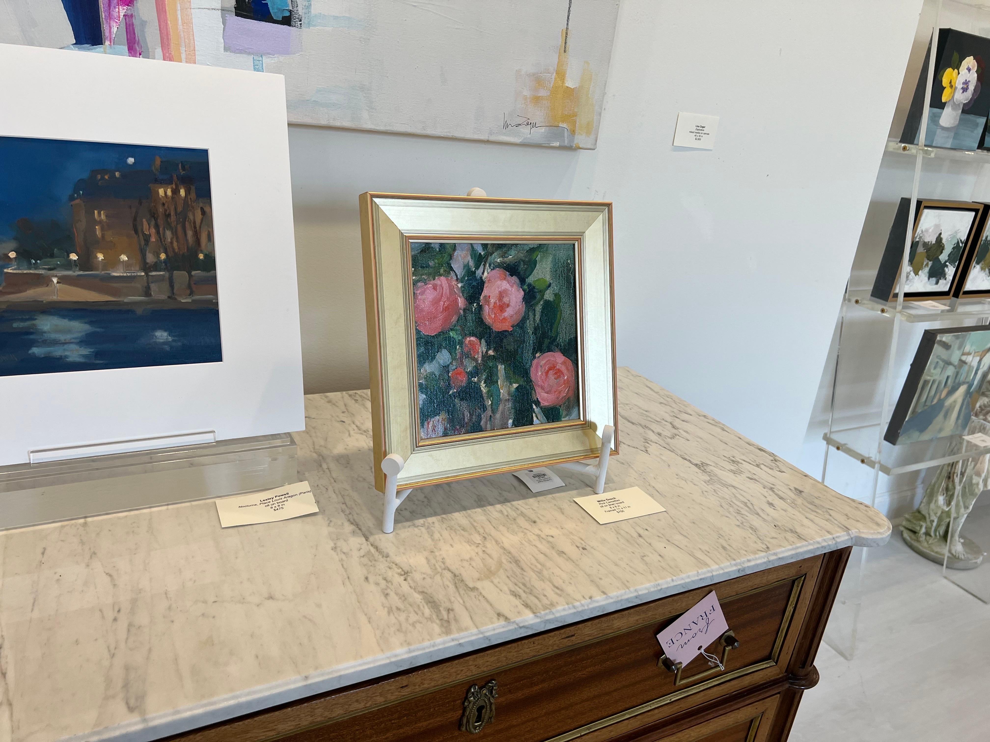 Pink Camellias by Millie Gosch, Small Square Framed Oil Still-Life Painting 2