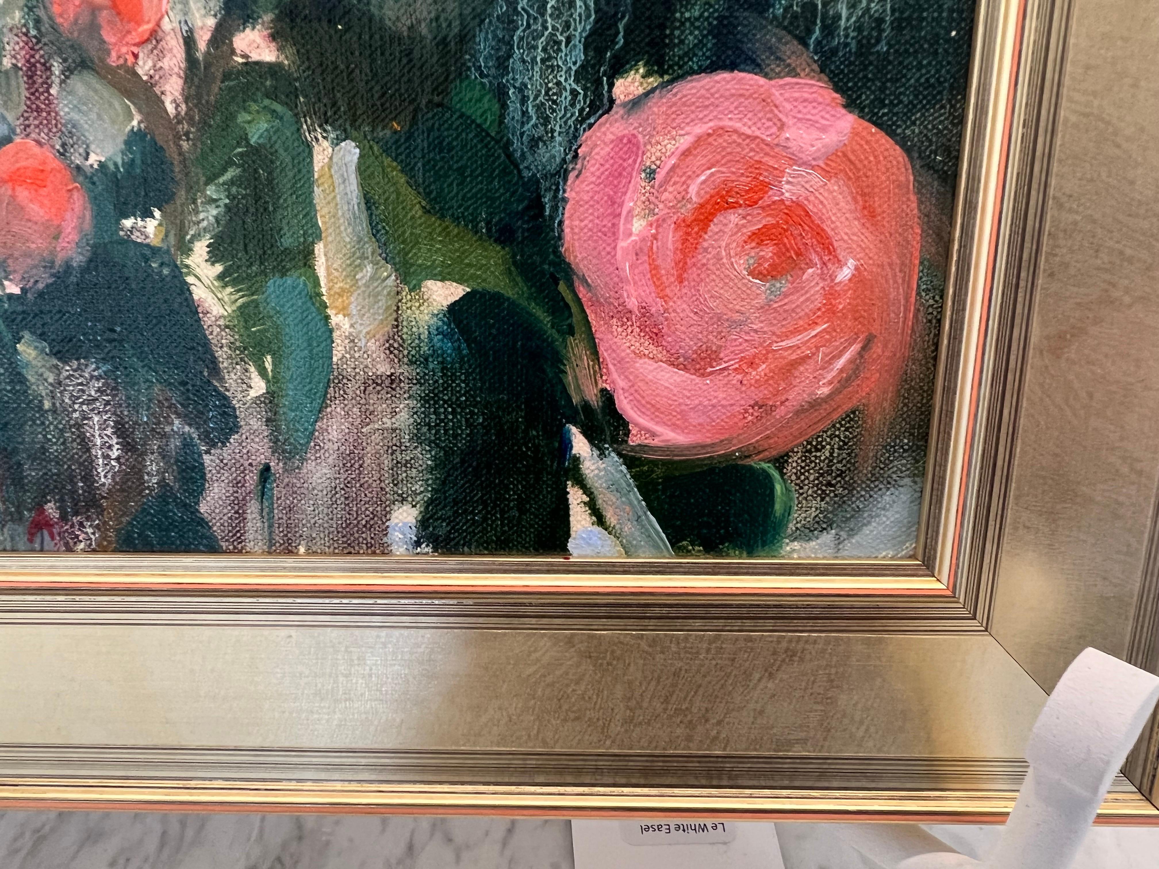 Pink Camellias by Millie Gosch, Small Square Framed Oil Still-Life Painting 5