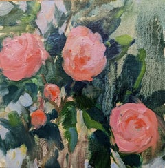 Pink Camellias by Millie Gosch, Small Square Framed Oil Still-Life Painting