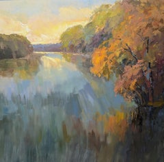 River Reach de Millie Gosch - Peinture de paysage encadrée impressionniste carrée