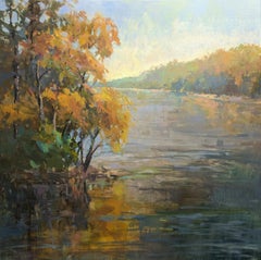Reflejos del río por Millie Gosch Paisaje impresionista enmarcado cuadrado