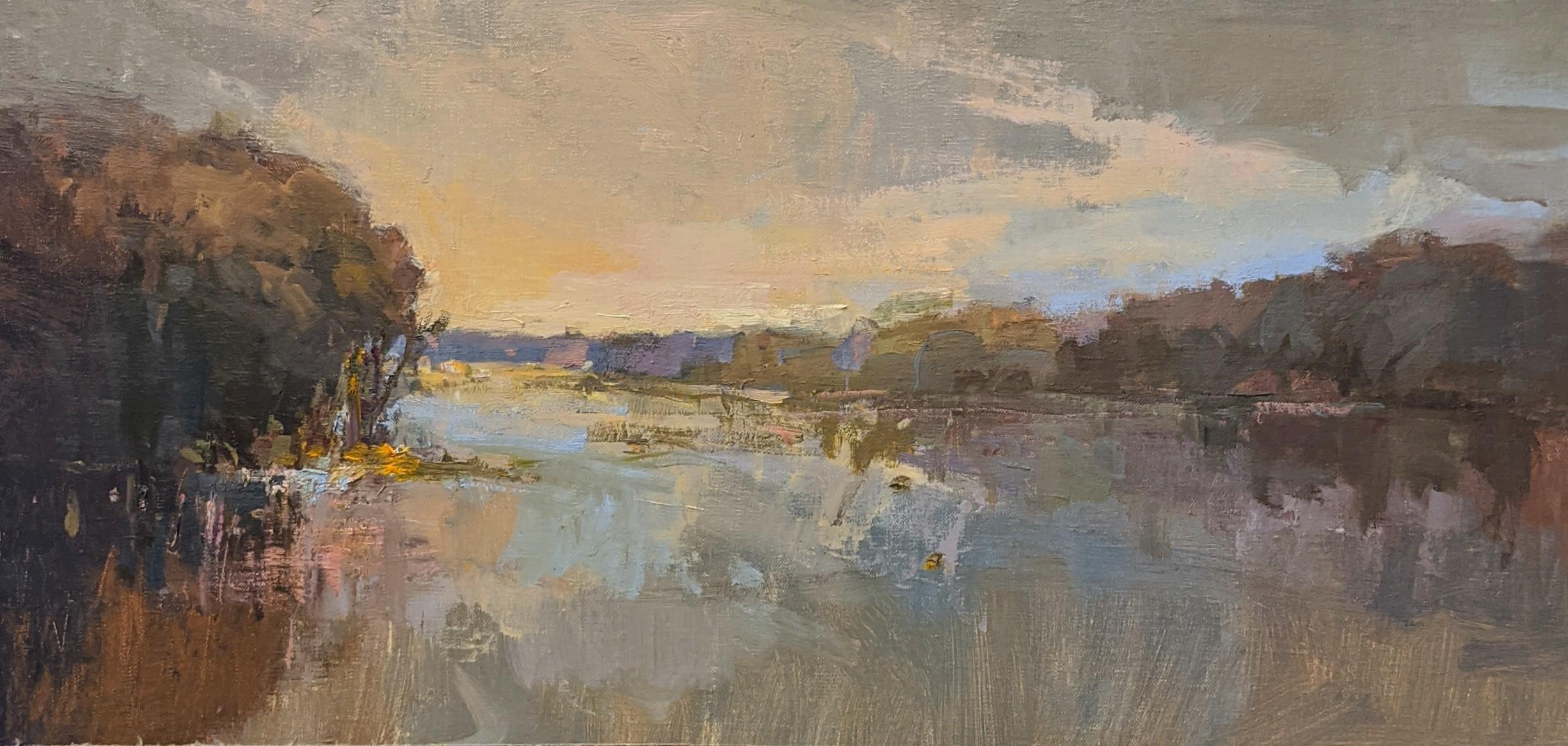 'River's Eve' is a framed Impressionist oil on board plein-air painting of horizontal format, created by American artist Millie Gosch in 2020. Featuring a palette mostly made of blue, orange, green and purple tones, the painting depicts an exquisite