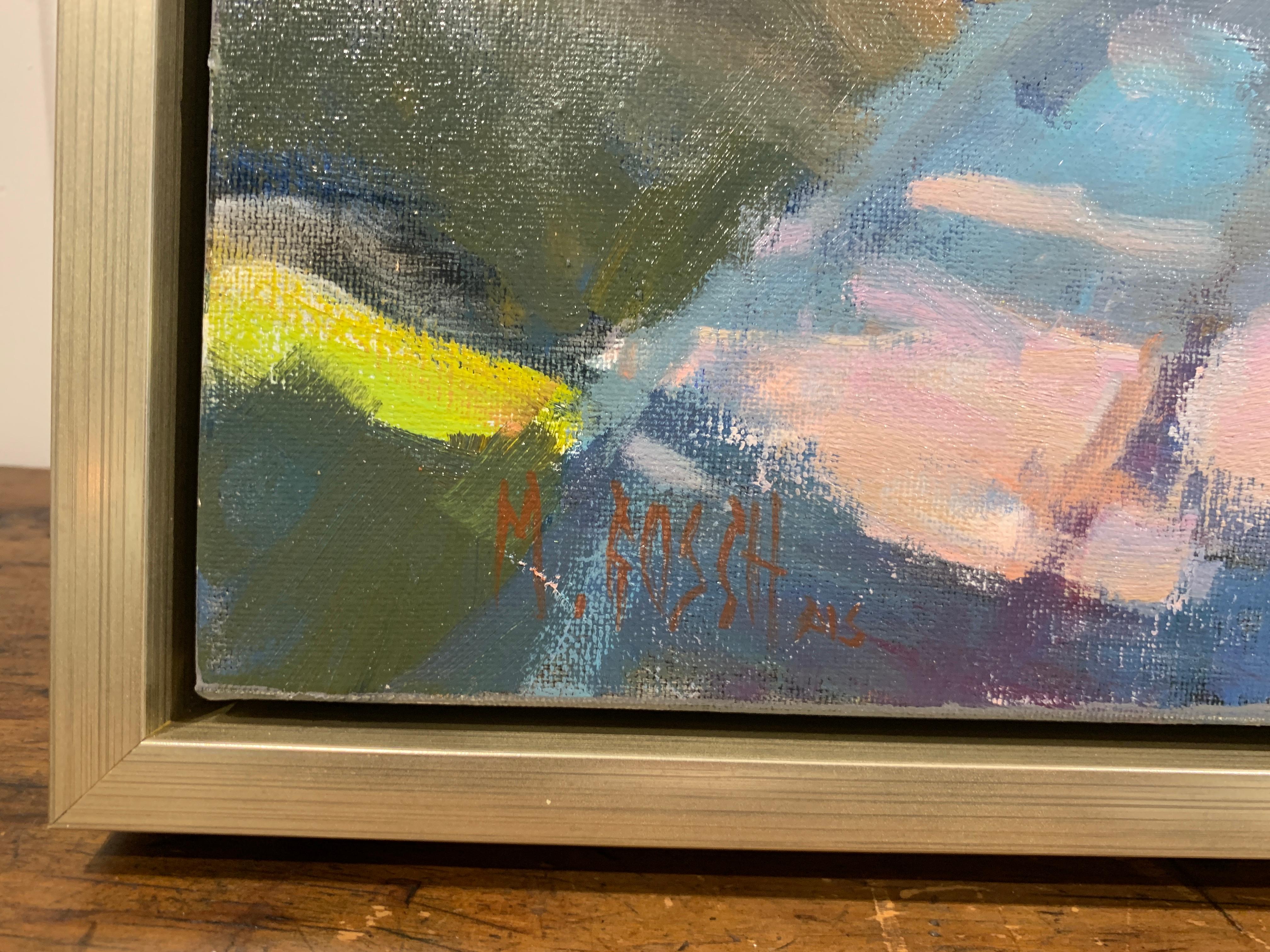 'Road Home' is a framed Impressionist oil on canvas plein-air painting created by American artist Millie Gosch in 2019. Featuring a palette mostly made of green, pink, yellow and blue tones, the painting depicts a charming sinuous dirt path, flanked