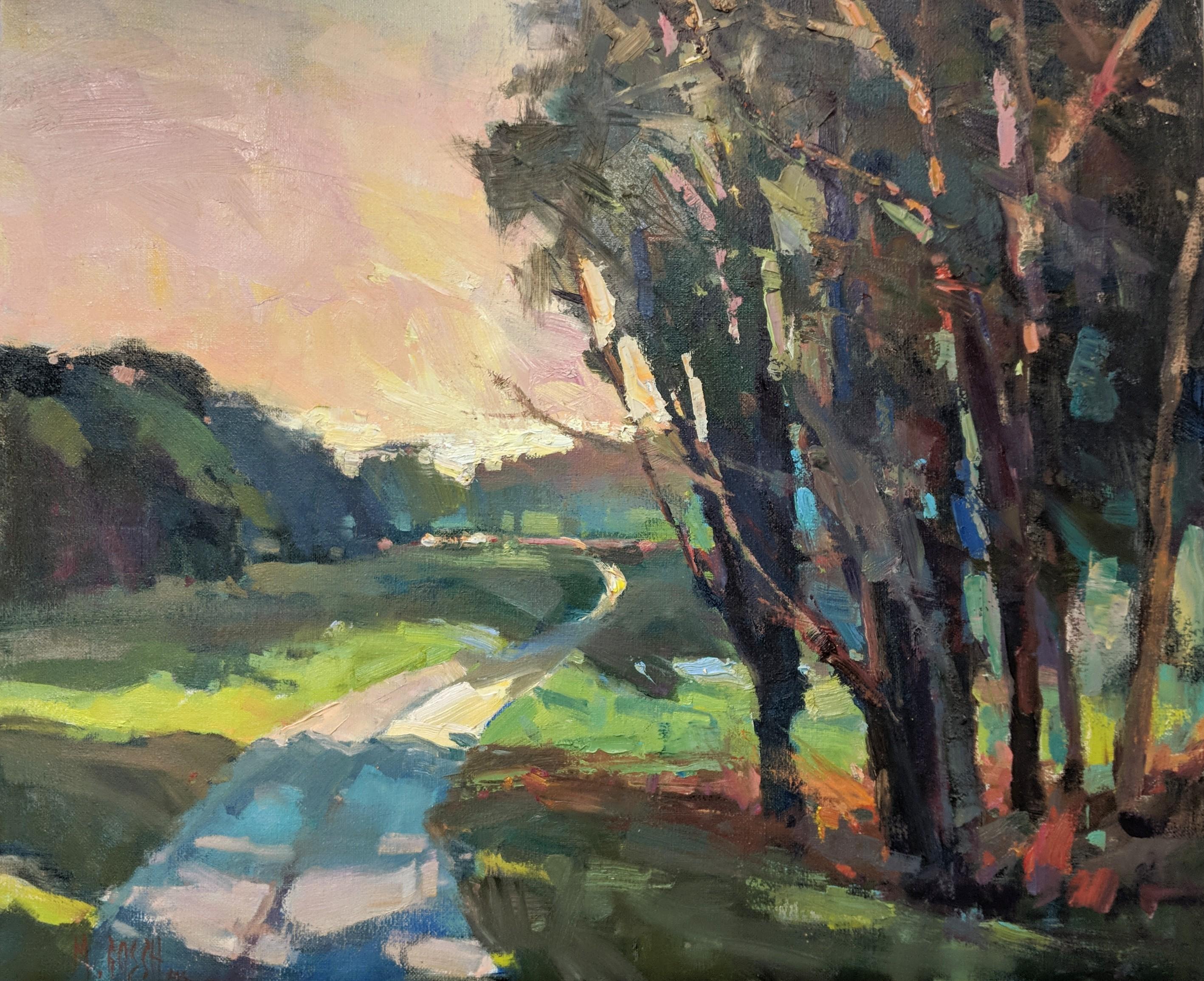 'Road Home' is a framed Impressionist oil on canvas plein-air painting created by American artist Millie Gosch in 2019. Featuring a palette mostly made of green, pink, yellow and blue tones, the painting depicts a charming sinuous dirt path, flanked