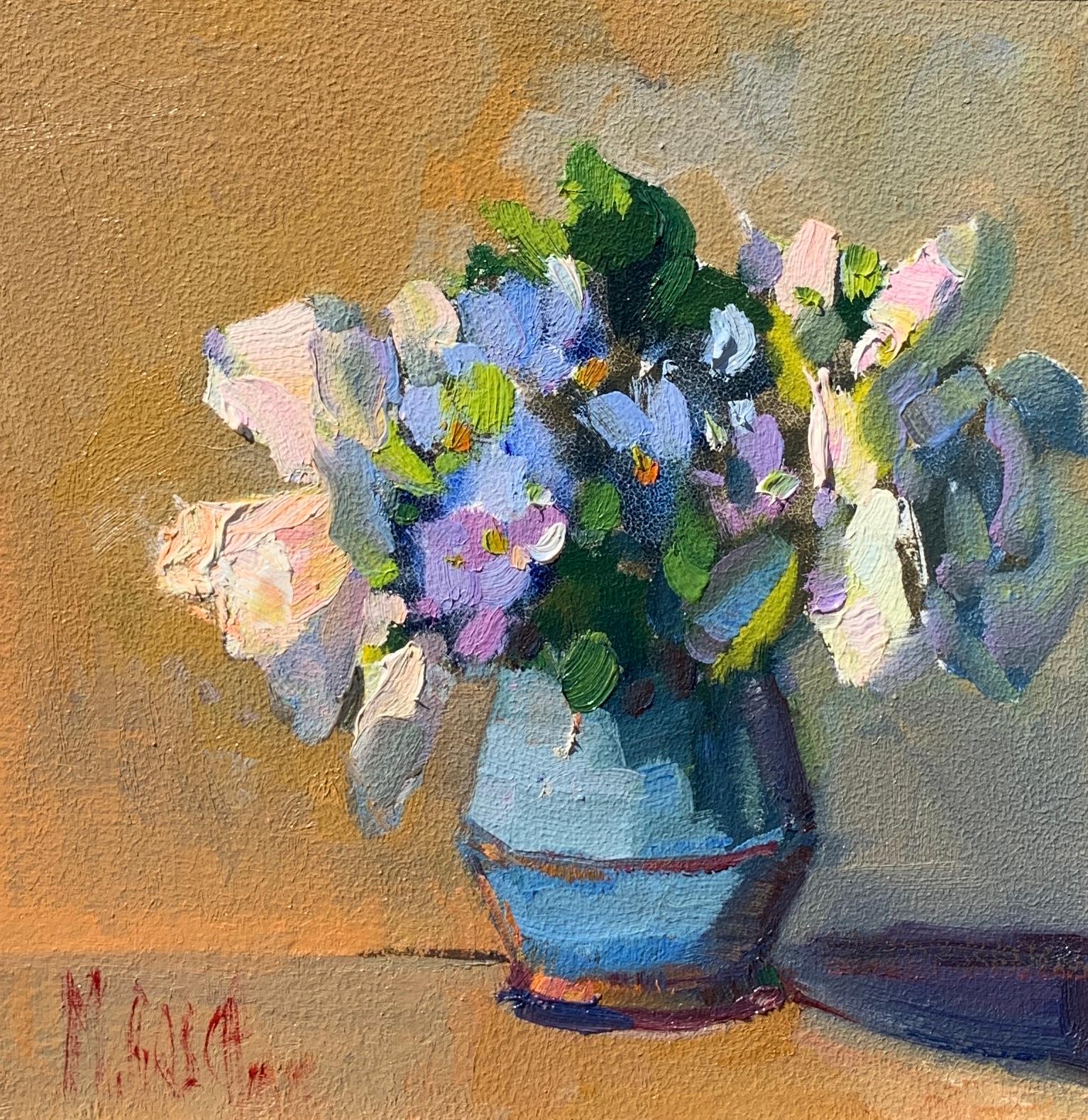 'Spring Botany' is a petite framed Impressionist oil on board still-life painting created by American artist Millie Gosch in 2019. Featuring a palette made of blue, purple, white, brown and green tones among others, this still-life painting depicts