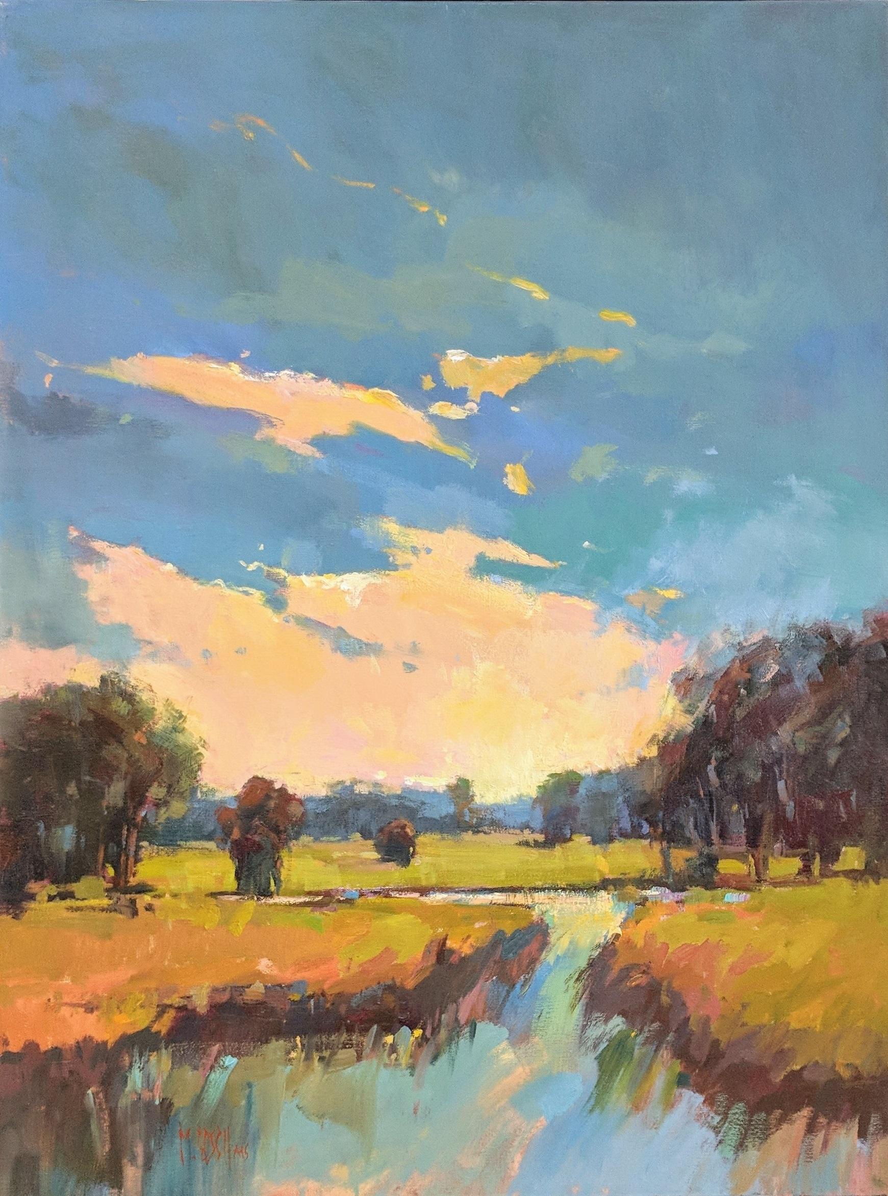 'Summer Glory' is a framed Impressionist plein air landscape painting created by American artist Millie Gosch in 2018. Featuring a rich palette mostly made of blue, orange, green, yellow and black tones, this oil on canvas painting depicts an