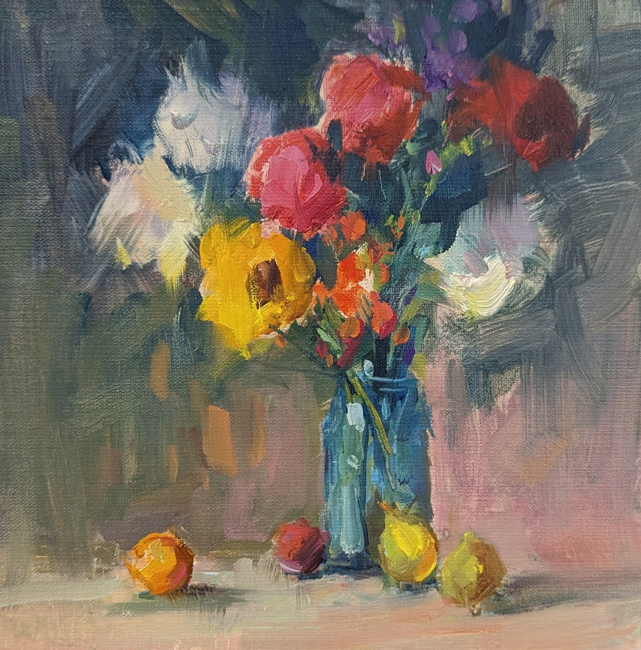 Non incorniciato, questo pezzo misura 8 x 8

"Girasoli e frutta" di Millie Gosch è un vibrante olio su tavola di lino di 8x8 pollici che porta in casa il calore di una giornata di sole. Con pennellate audaci ed espressive e una tavolozza ricca e
