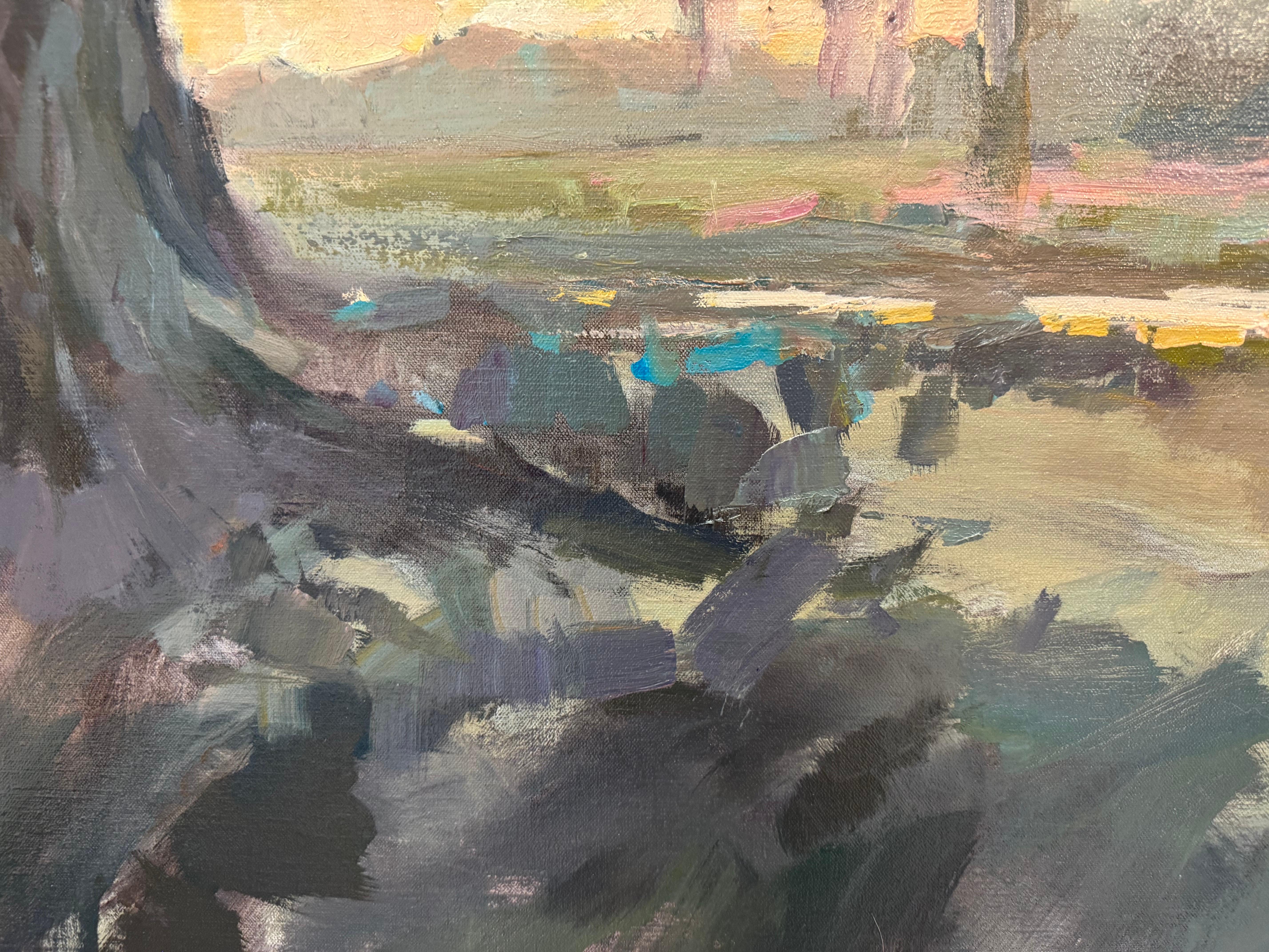 Paysage impressionniste carré « Sunrise and Spanish Moss » de Millie Gosch en vente 2