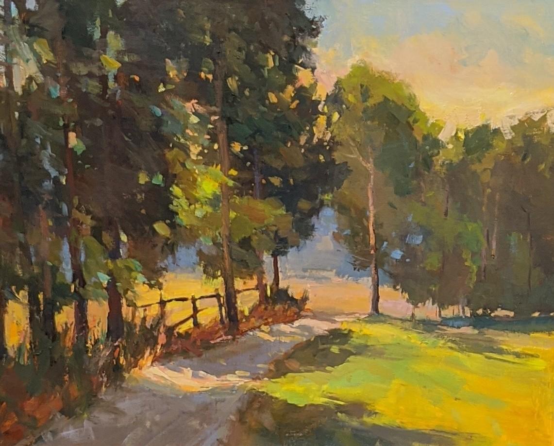 'To the Back Field' is a framed Impressionist plein air landscape painting created by American artist Millie Gosch in 2021. Featuring a rich palette mostly made of blue, green, pink and orange tones, this oil on canvas painting depicts an exquisite