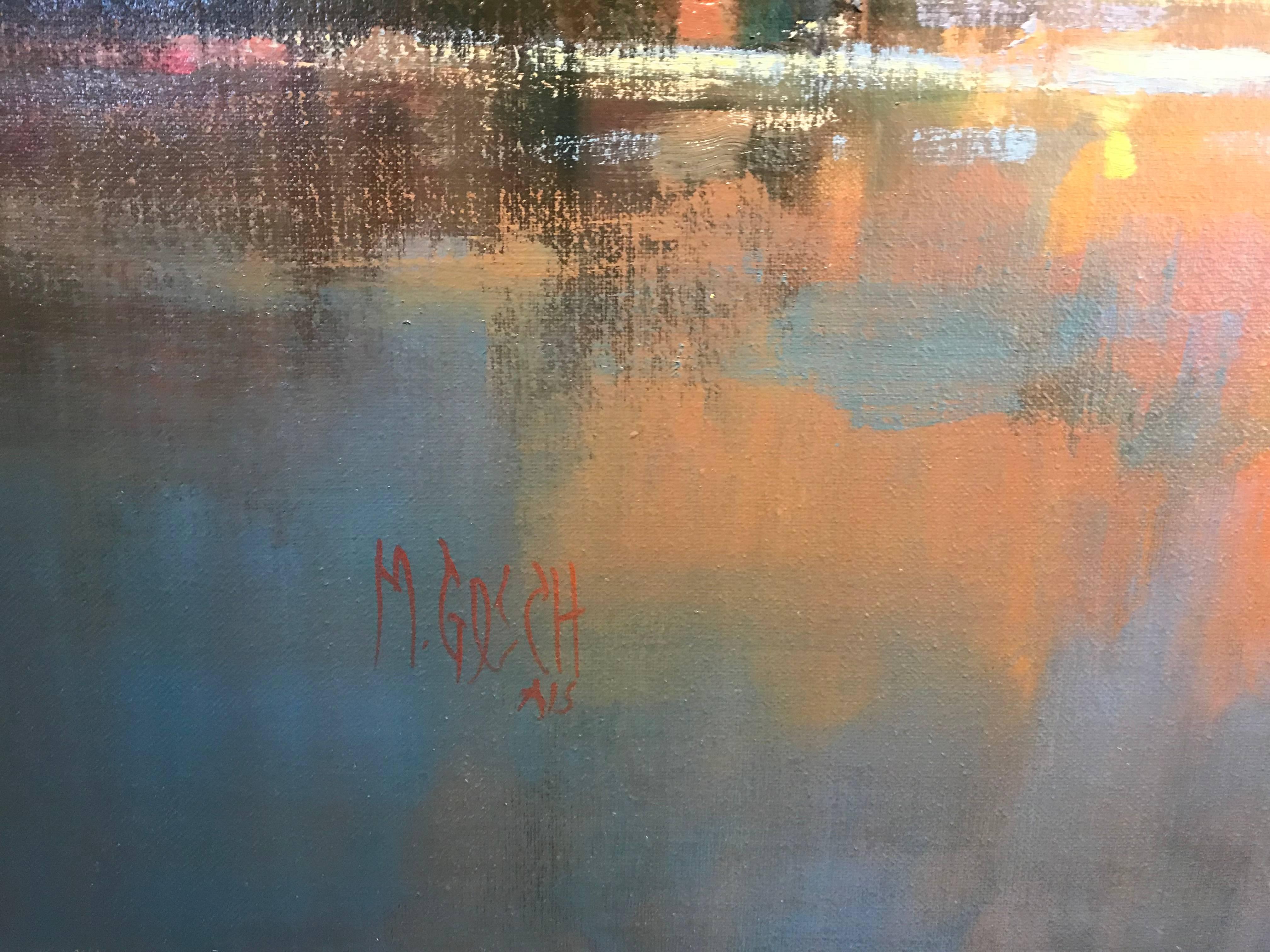 This impressionist landscape by American artist Millie Gosch depicts a beautiful waterfront scene with a tree-lined horizon and a setting sun in the background.  Gorgeous and painterly, the artist uses blue, pink, orange, yellow and green in her