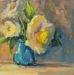 Blanco y azul de Millie Gosch, Cuadro al óleo Flores enmarcado