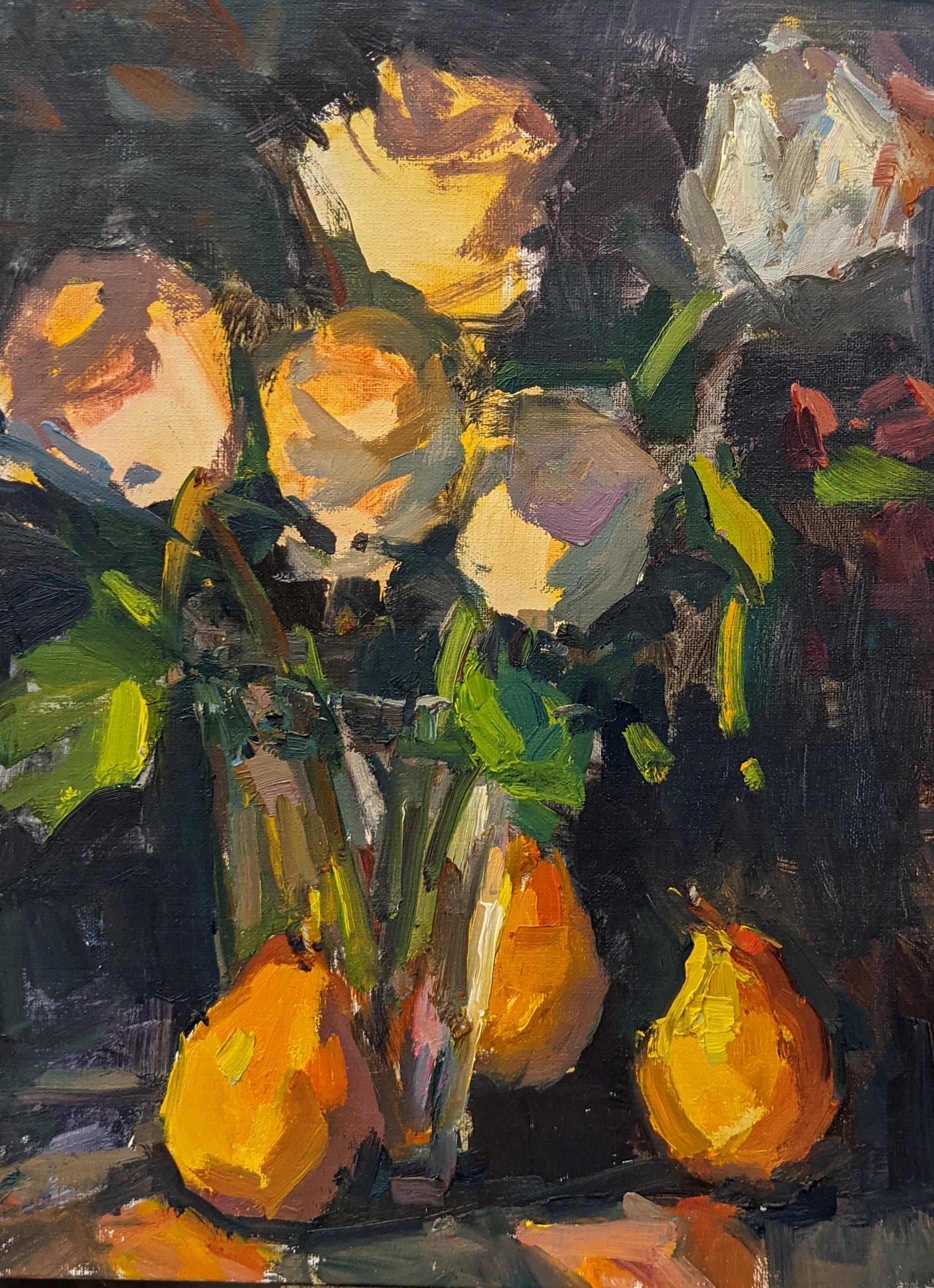 'White Roses and Pears" is a small framed Impressionist oil on board still-life painting created by American artist Millie Gosch in 2021. Featuring a palette made of green, orange, pink, blue and purple tones among others, this still-life painting