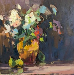 Gelbes Glas von Millie Gosch, gerahmte Blumen, Öl-Stilllebengemälde