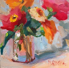 Zinnia Beauty by Millie Gosch, Small Framed Oil on Board Still-Life Painting