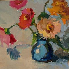 Zinnia in Blue by Millie Gosch, Small Framed Oil Still-Life Painting