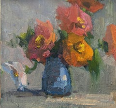 Zinnias in Blau von Millie Gosch, Gerahmte Blumen, Öl-Stilllebengemälde