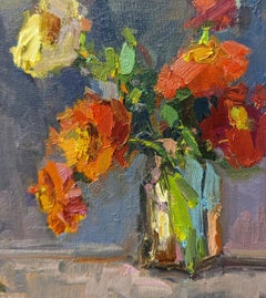 Zinnias on Parade II by Millie Gosch, Framed Flowers Oil Still-Life Painting