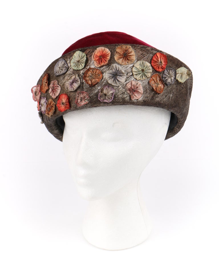 Brown Millinery Couture c.1920s Wine Red Velvet Metallic Flower Embellished Cloche Hat
